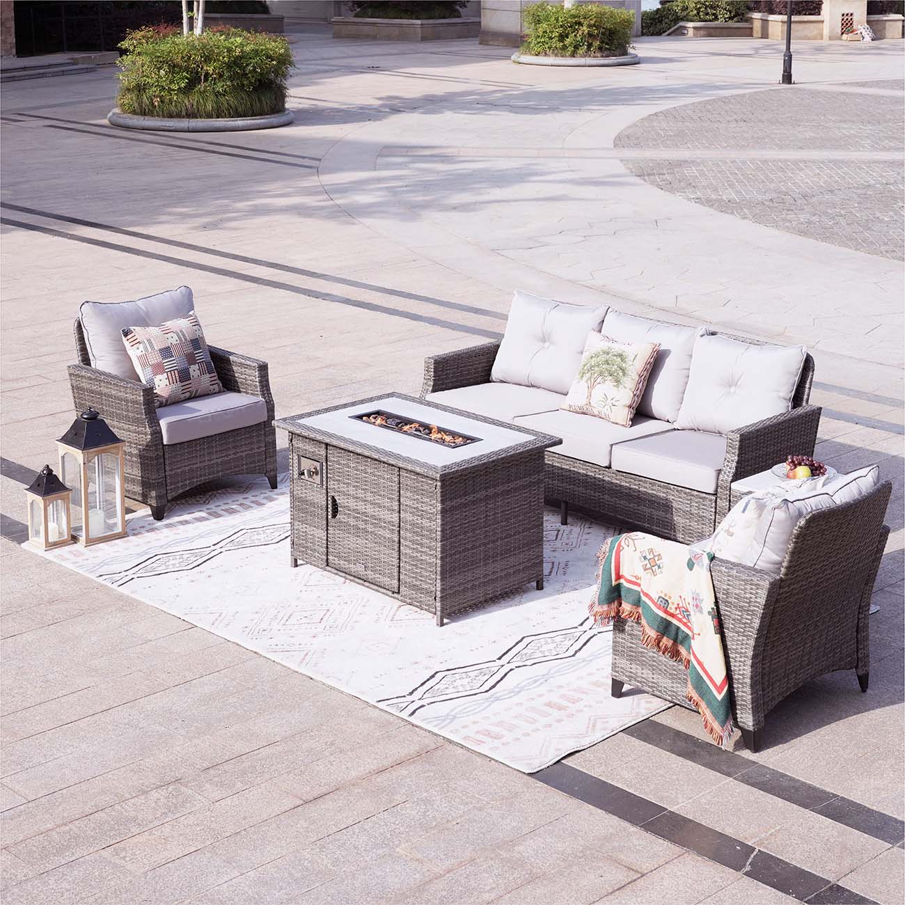 Abrihome Patio Wicker Conversational Seating Set with High Fire Pit Table in Gray (PAF-1802P)