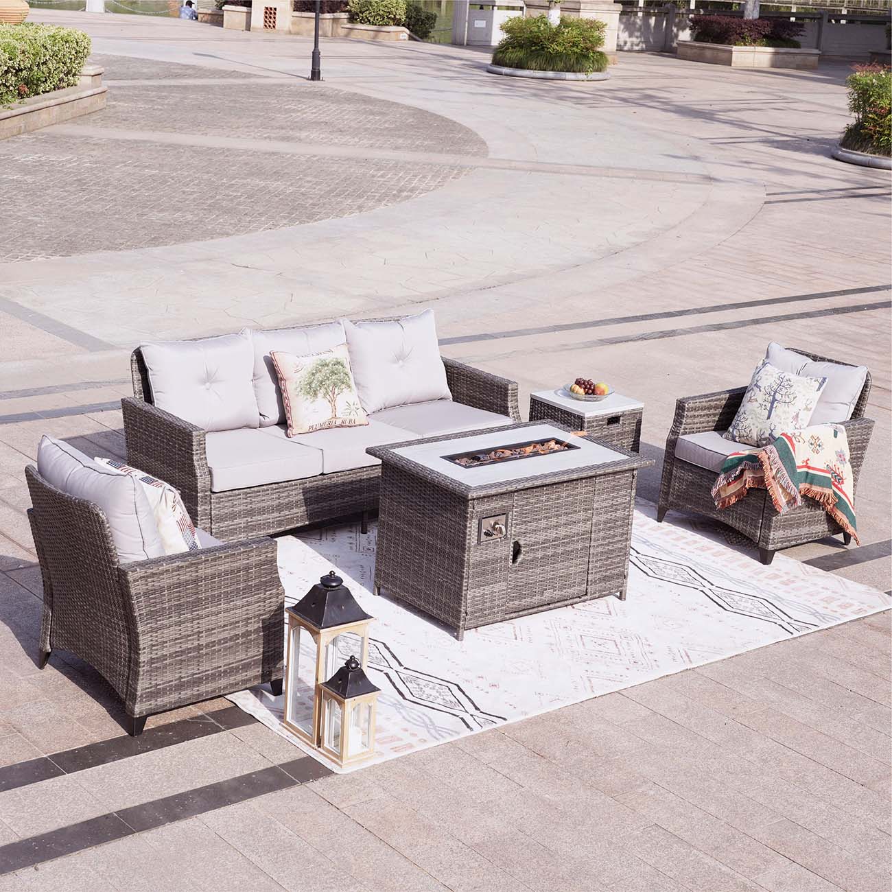 Abrihome Patio Wicker Conversational Seating Set with High Fire Pit Table in Gray