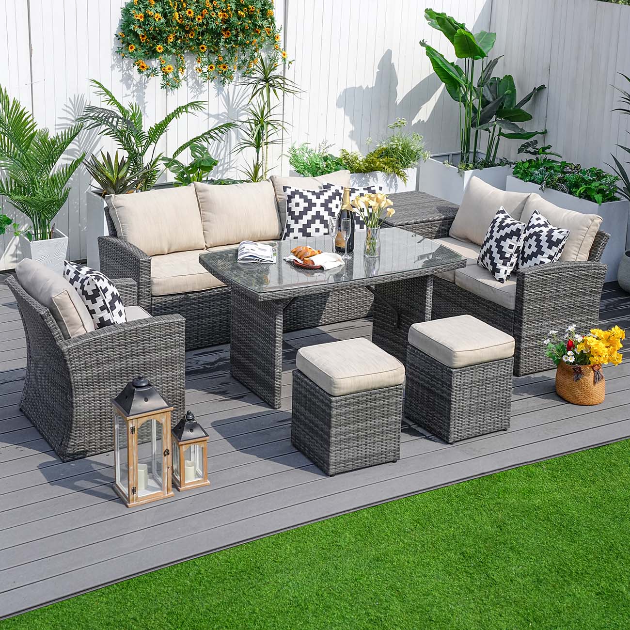 Abrihome Garden Rattan Wicker Out Furniture Patio 7PCS Modern Dining Sofa Set Sale (PAS-1403B)