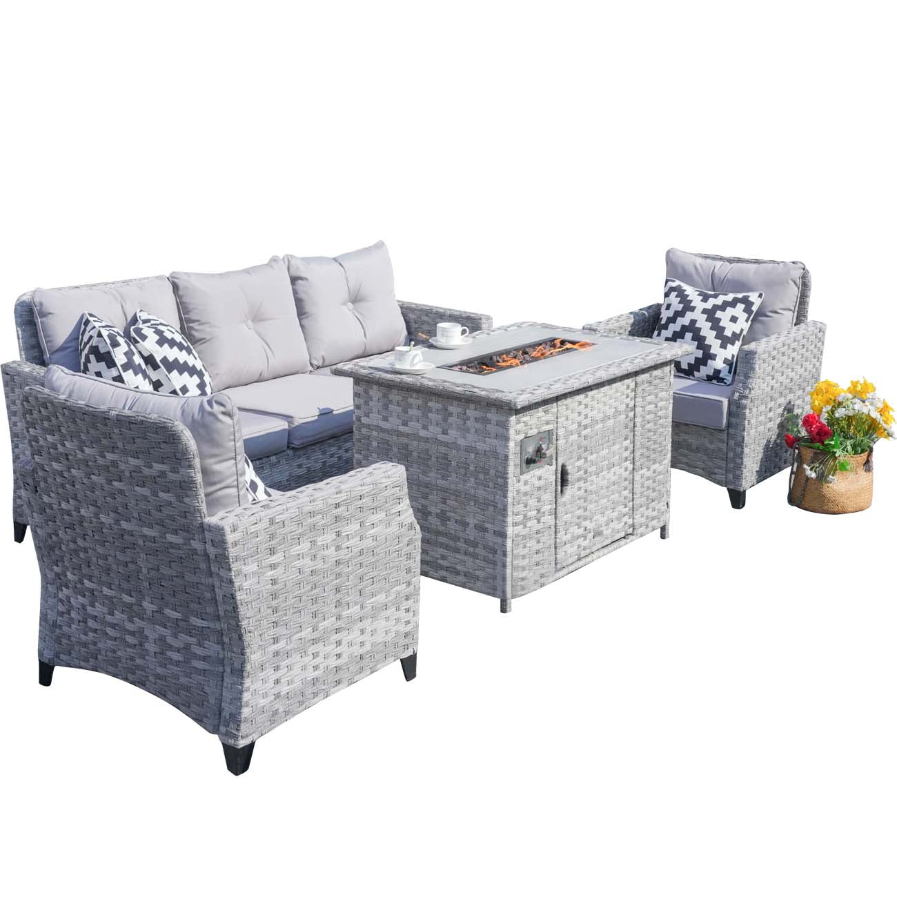 Garden Rattan Wicker Out Furniture Patio Convention Sofa Set With Fire Pit Coffee Table Sale - Abrihome