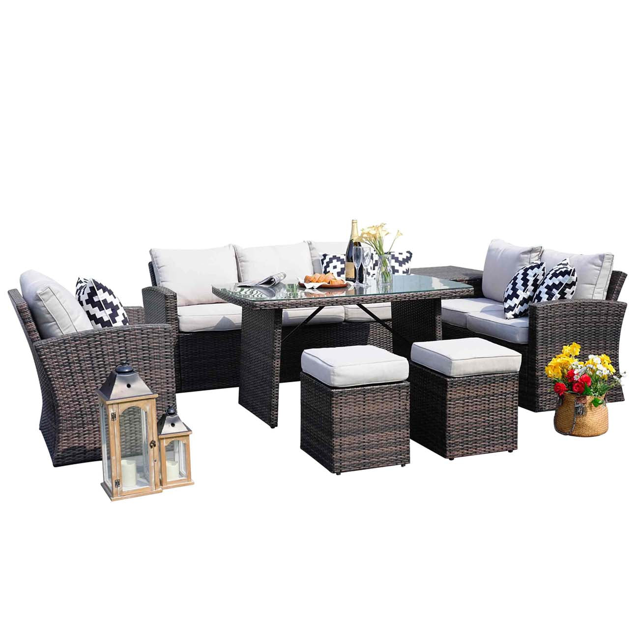 Abrihome Garden Rattan Wicker Out Furniture Patio 7PCS Modern Dining Sofa Set Sale (PAS-1403B)