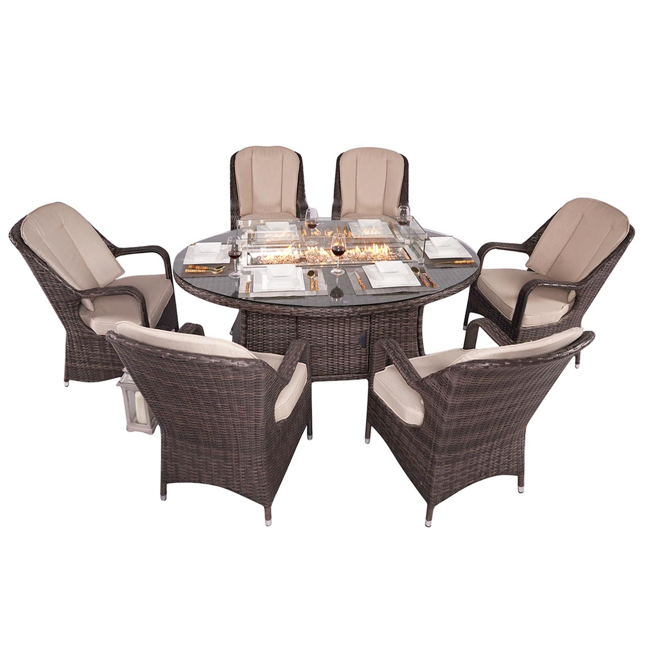 Garden Rattan Wicker Out Furniture Sale Patio 6 Seat Fire Pit Table & Eton Chair Set - Abrihome PAG-1106-OVAL