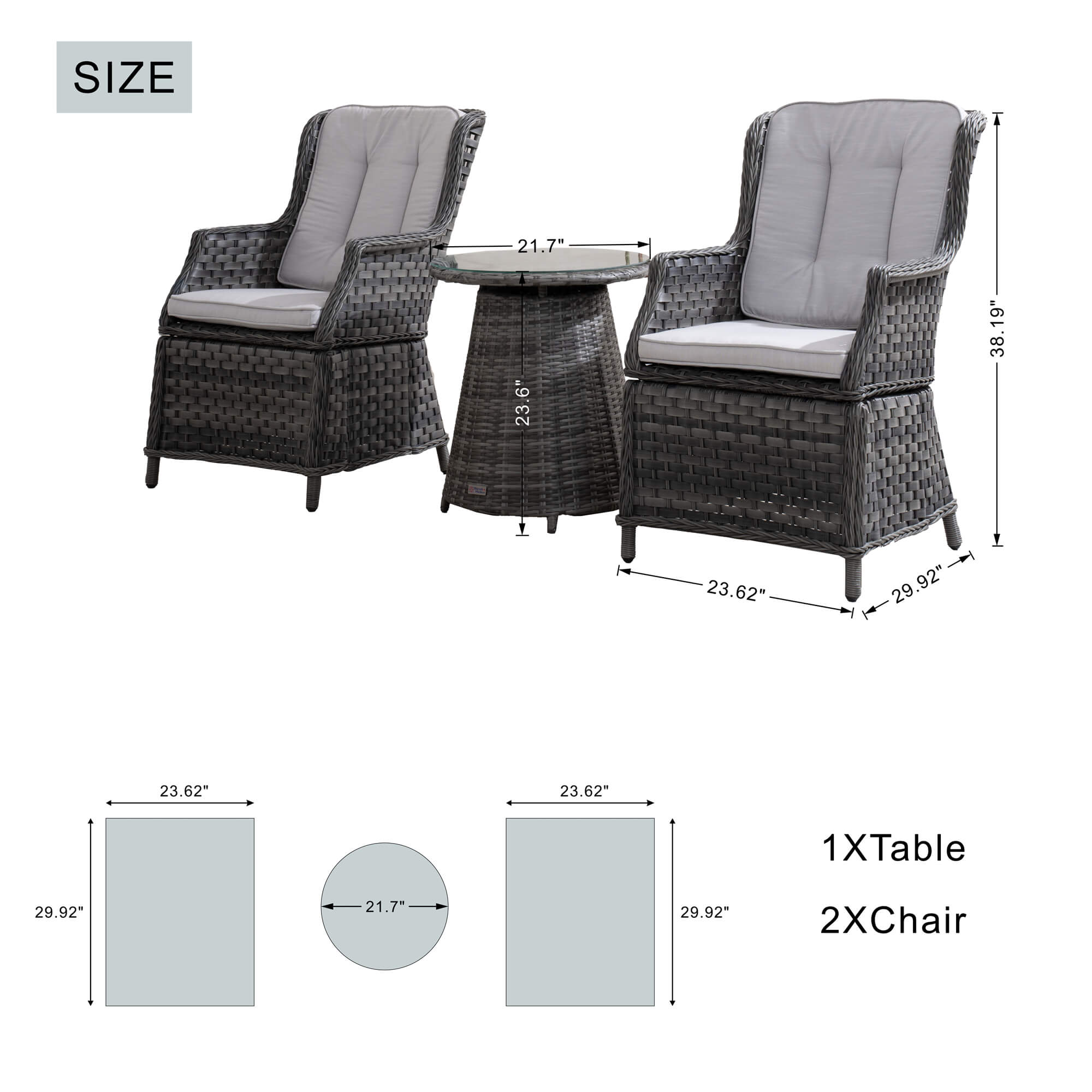 2-Piece Outdoor Bistro Set with Round Coffee Table （PAD-1708+010-GR）