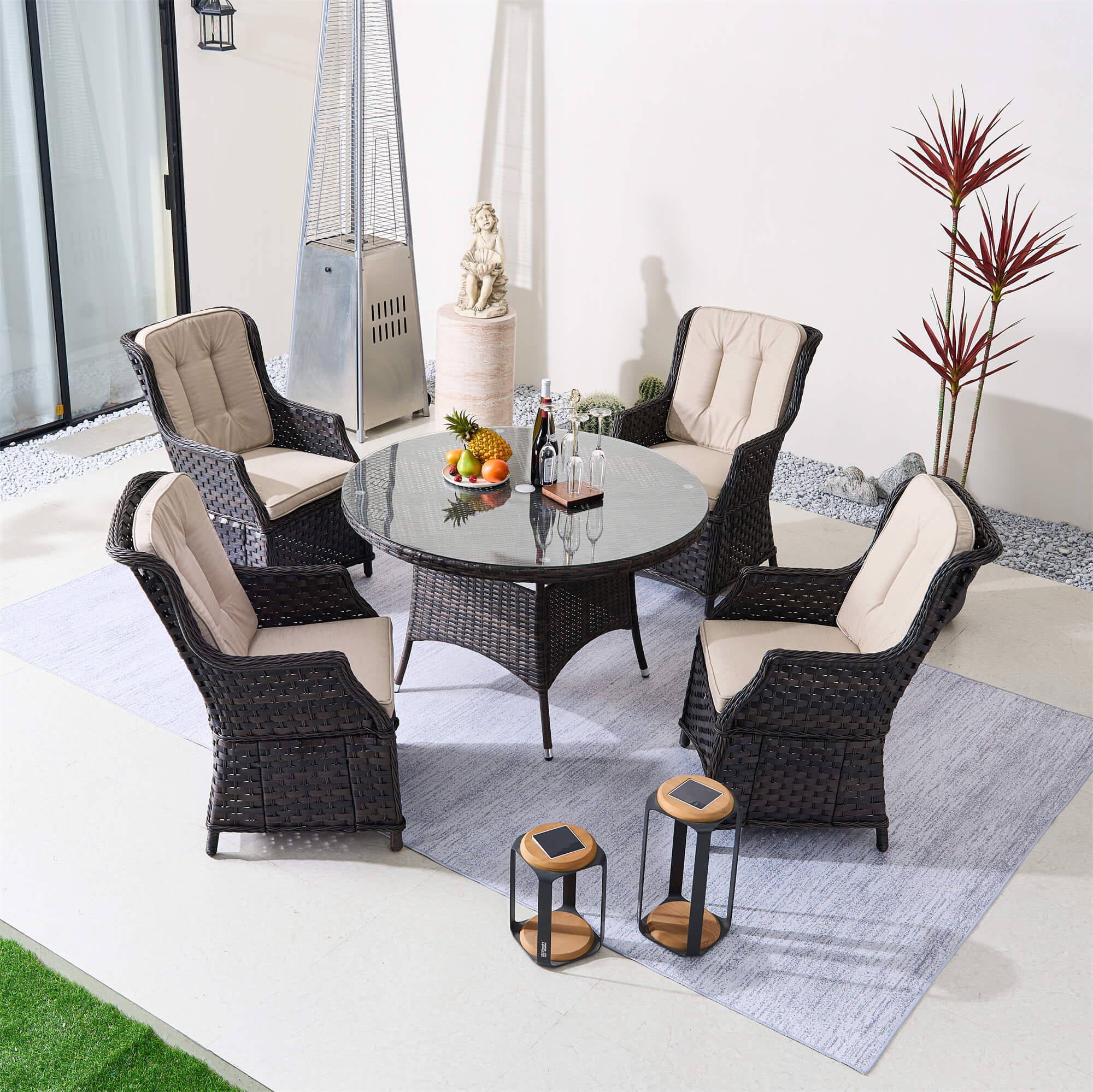 4-Seater Outdoor PE Wicker Dining Set with Round Table and Cushions(PAD-1709+010)