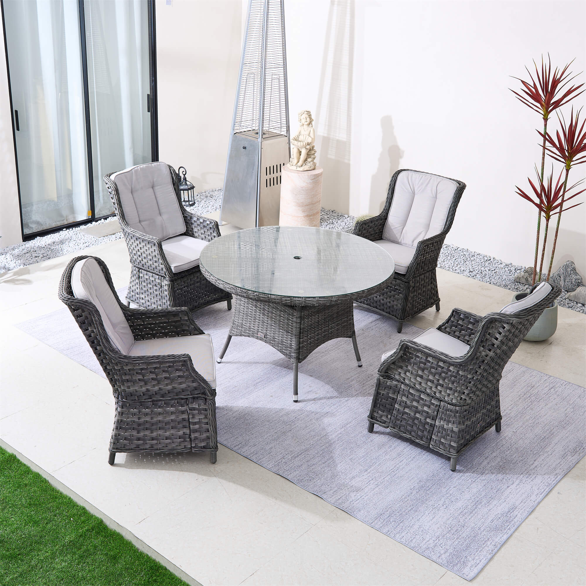 4-Seater Outdoor PE Wicker Dining Set with Round Table and Cushions(PAD-1709+010)