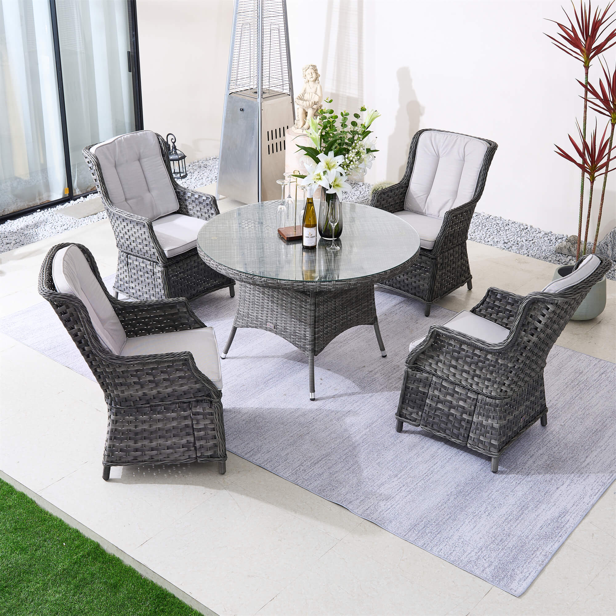 4-Seater Outdoor PE Wicker Dining Set with Round Table and Cushions(PAD-1709+010)