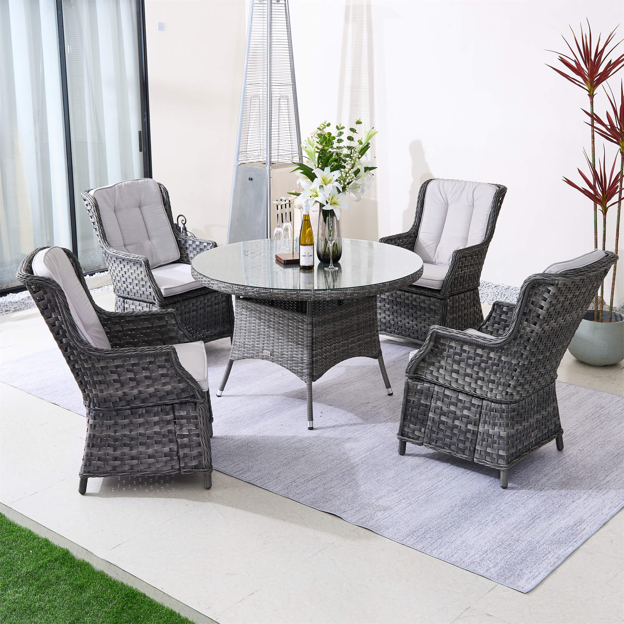 4-Seater Outdoor PE Wicker Dining Set with Round Table and Cushions(PAD-1709+010)