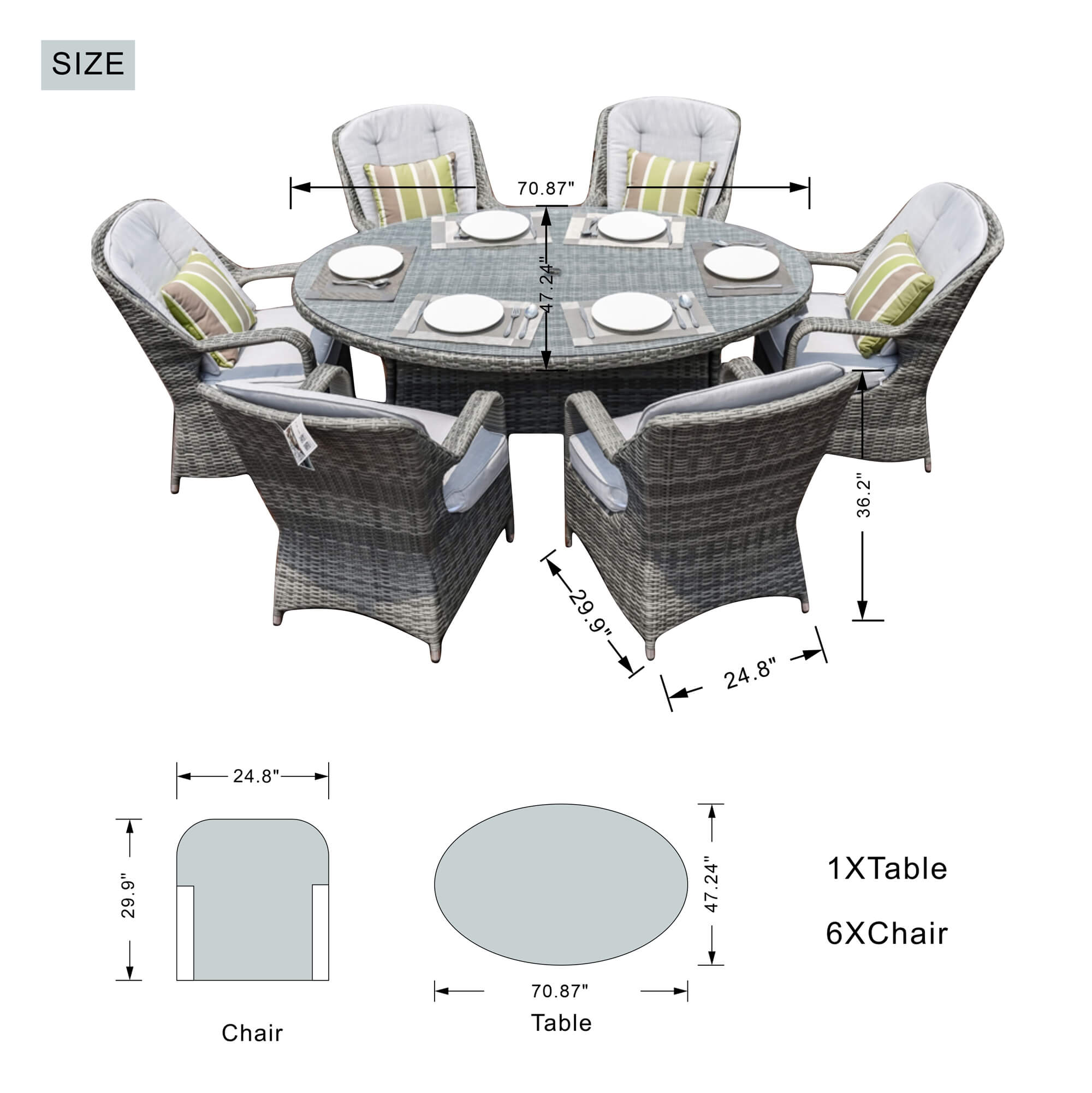 7-Piece Patio Dining Set with Oval Glass Table & Cushions (PAD-1713-SET)