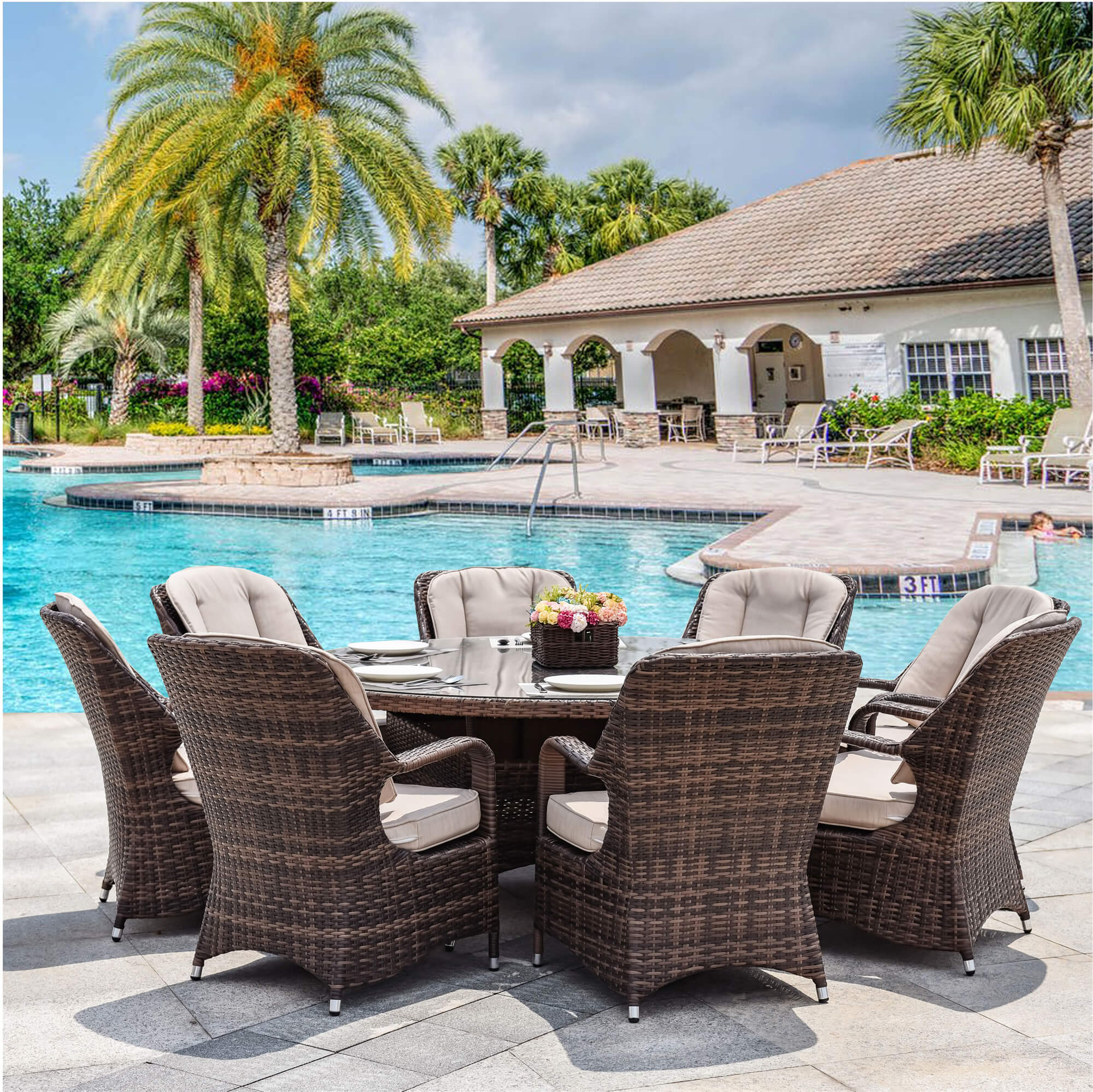 9-Piece Outdoor Dining Set with Round Table and 8 Cushioned Chairs (PAD-1714+009)