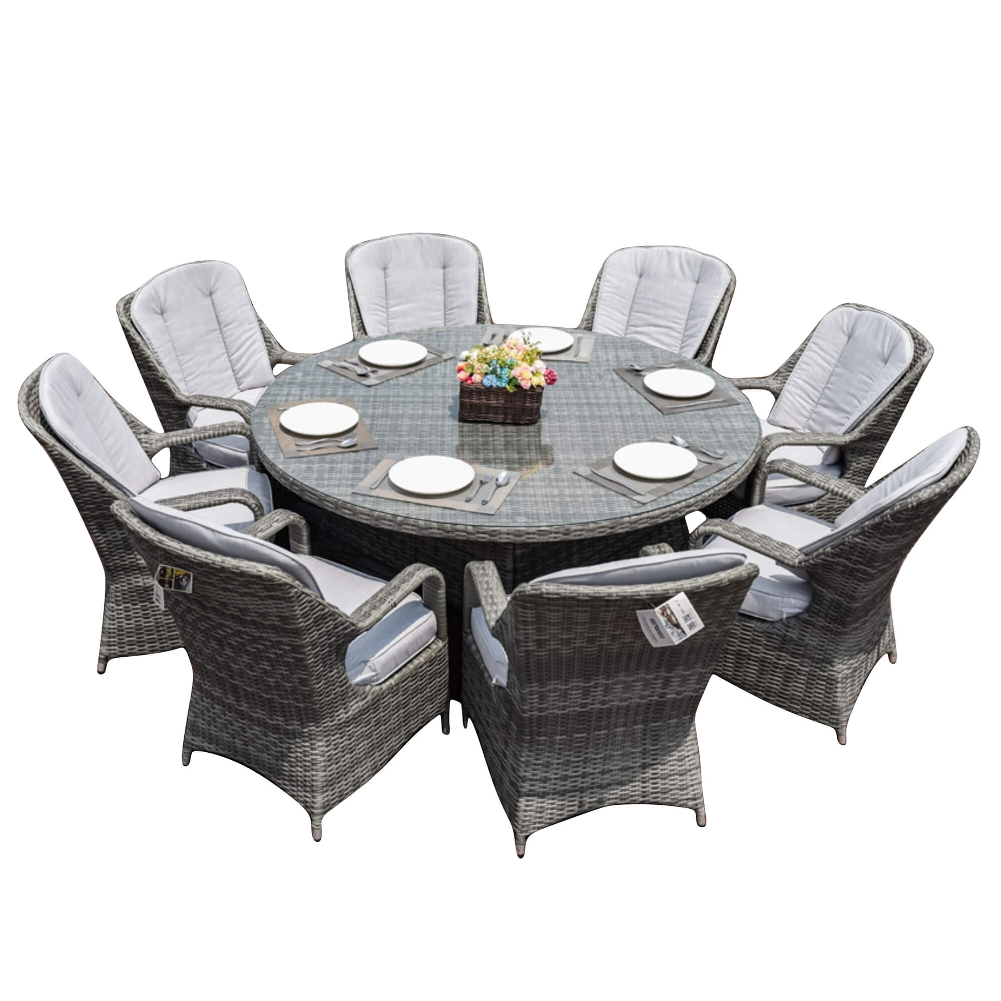 9-Piece Outdoor Dining Set with Round Table and 8 Cushioned Chairs (PAD-1714+009)