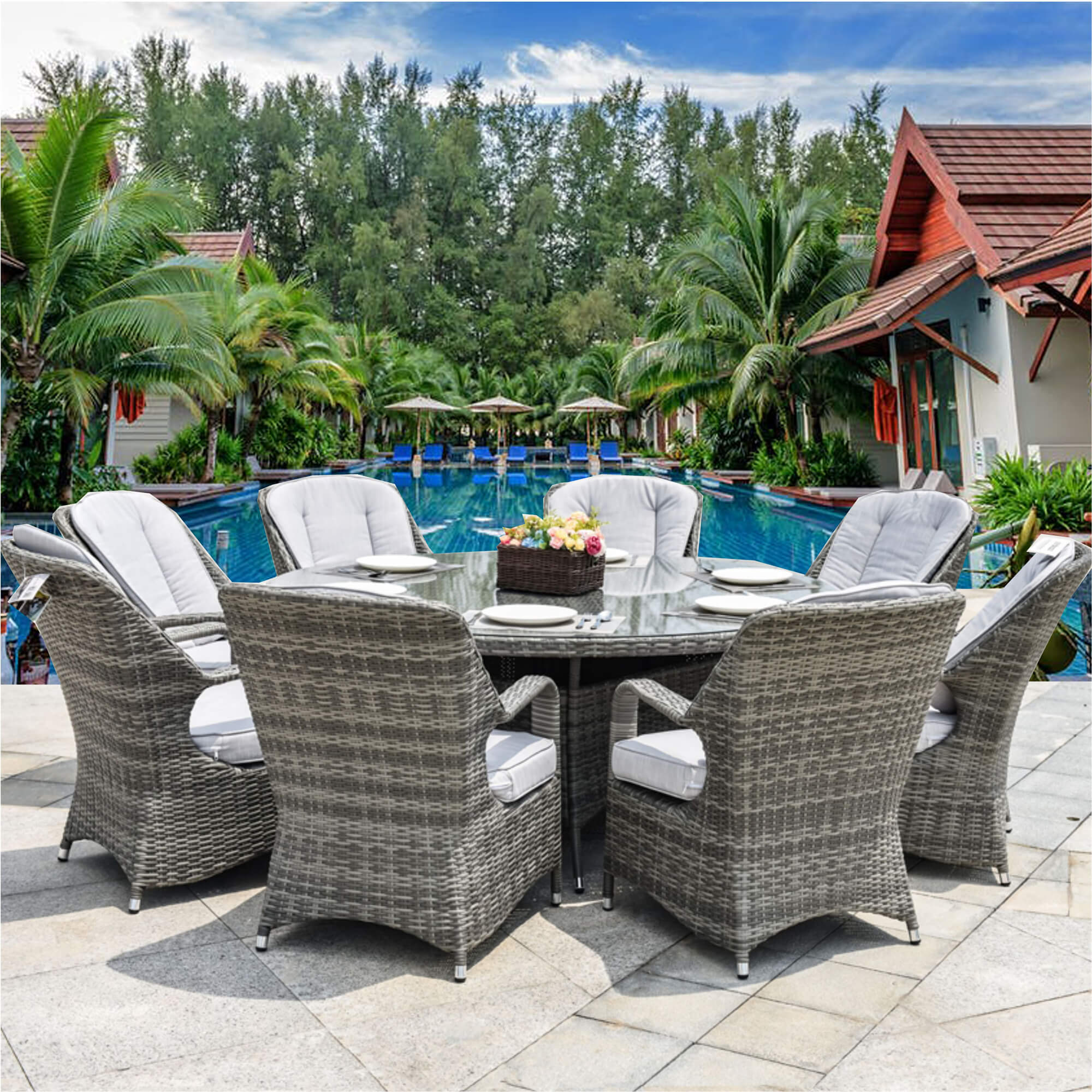 9-Piece Outdoor Dining Set with Round Table and 8 Cushioned Chairs (PAD-1714+009)