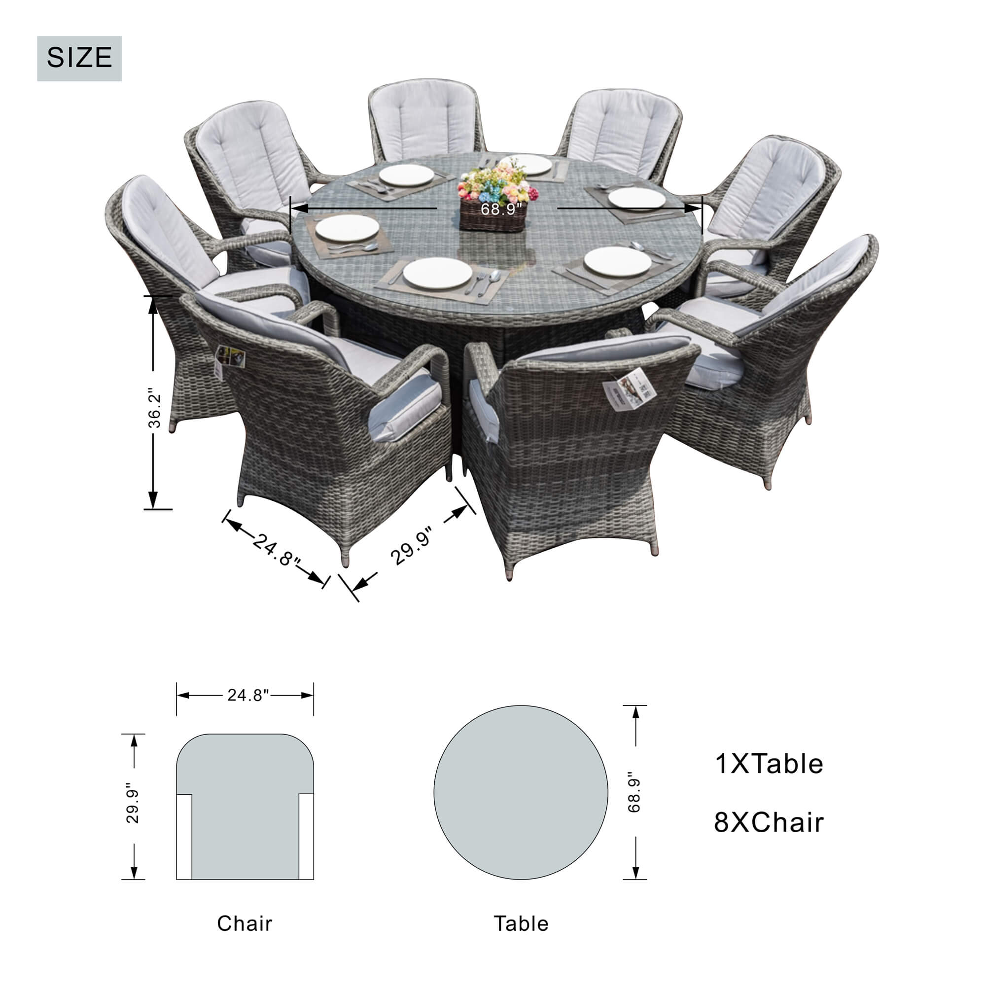 9-Piece Outdoor Dining Set with Round Table and 8 Cushioned Chairs (PAD-1714+009)