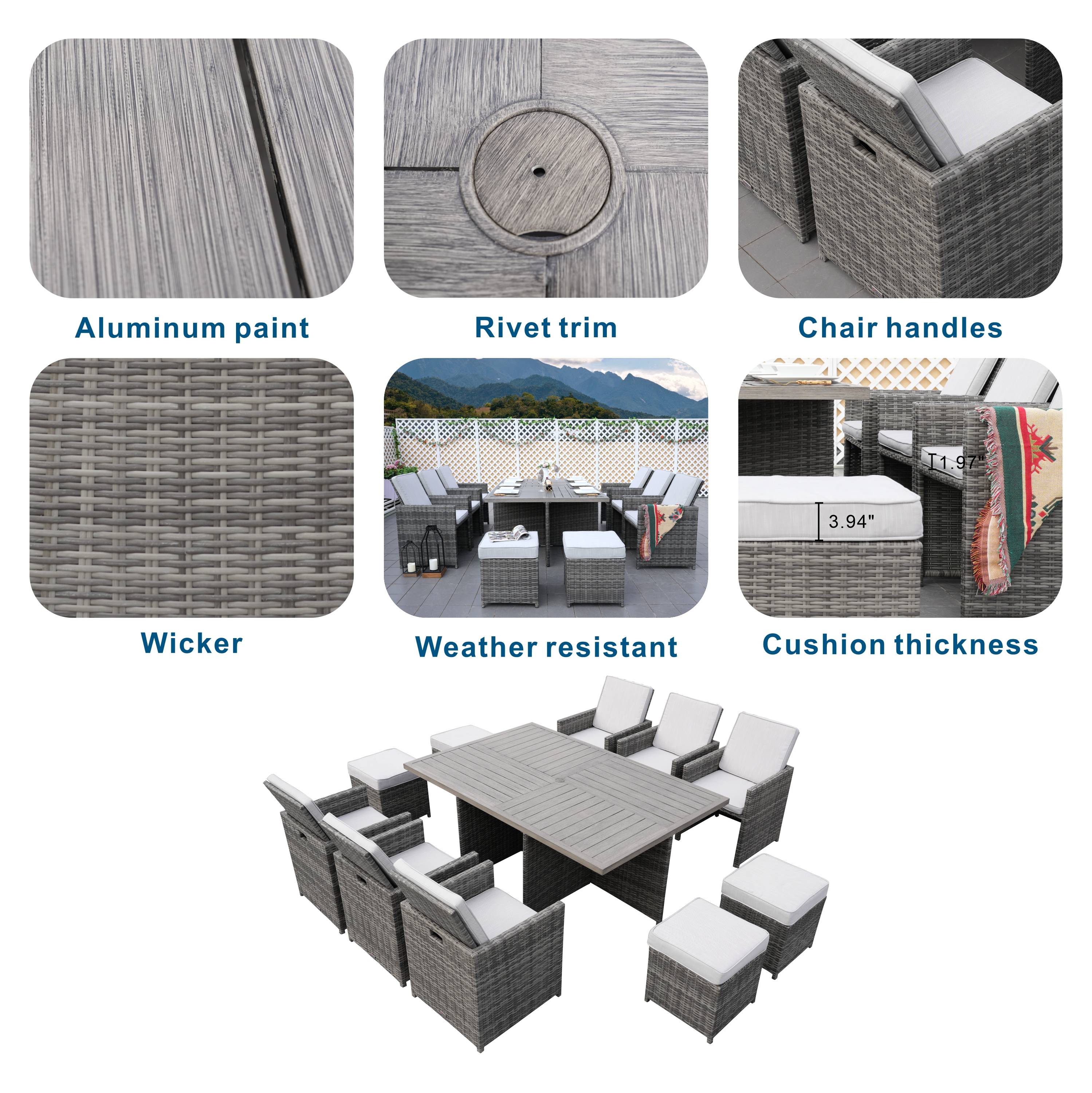 Abrihome 11-Piece Patio Outdoor Wicker Dining Set with Aluminum Table