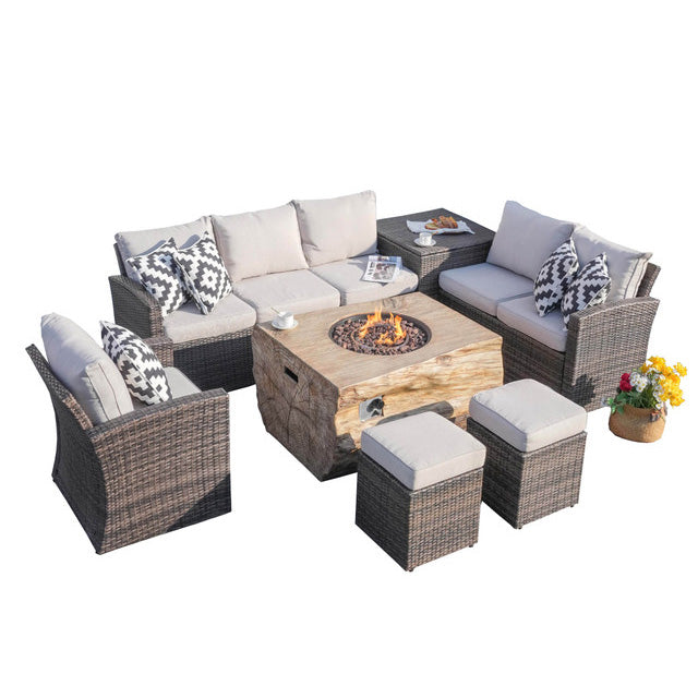 Abrihome Garden Rattan Wicker Out Furniture Patio Seating Sofa Set with Grain Fire Pit Table for Sale (PAS-1403B+2170)