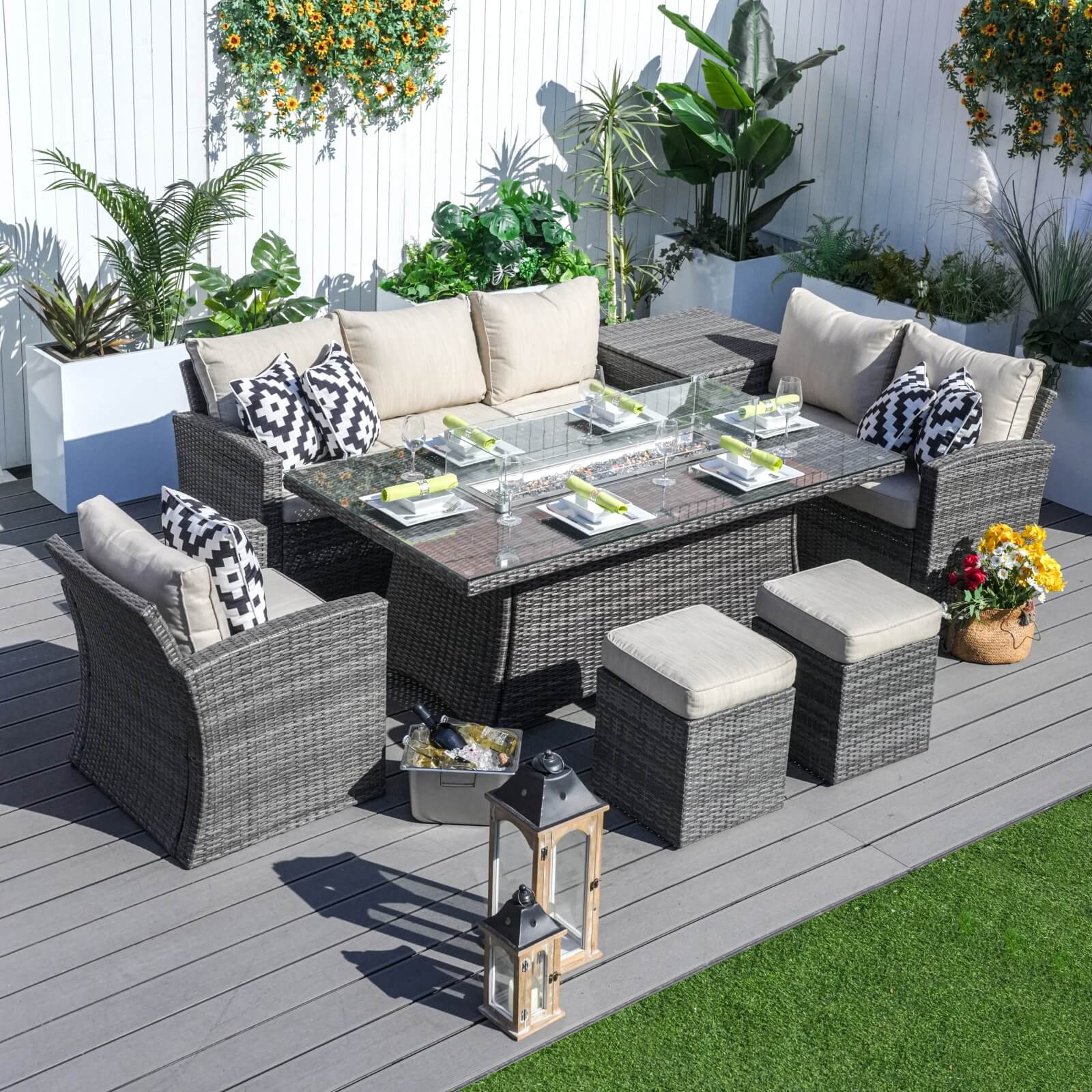 6-Piece Patio Fire Pit Conversation Set with Rectangular Table(PAS-1403B+1106R)