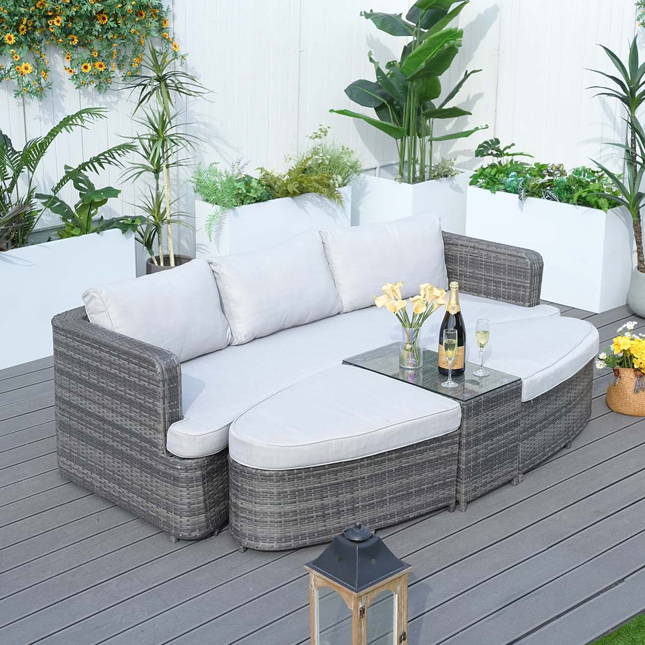 Abrihome Garden Rattan Wicker Out Furniture Patio 4 Piece Deep Seating Group Daybed with Cushions (PAL-1202)