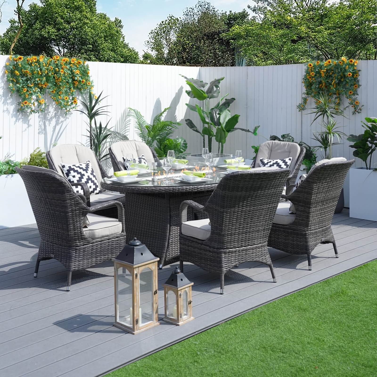 6-Seat Brown Outdoor Fire Pit Dining Set with Oval Gas Fire Pit Table(PAG-1106O-SET)