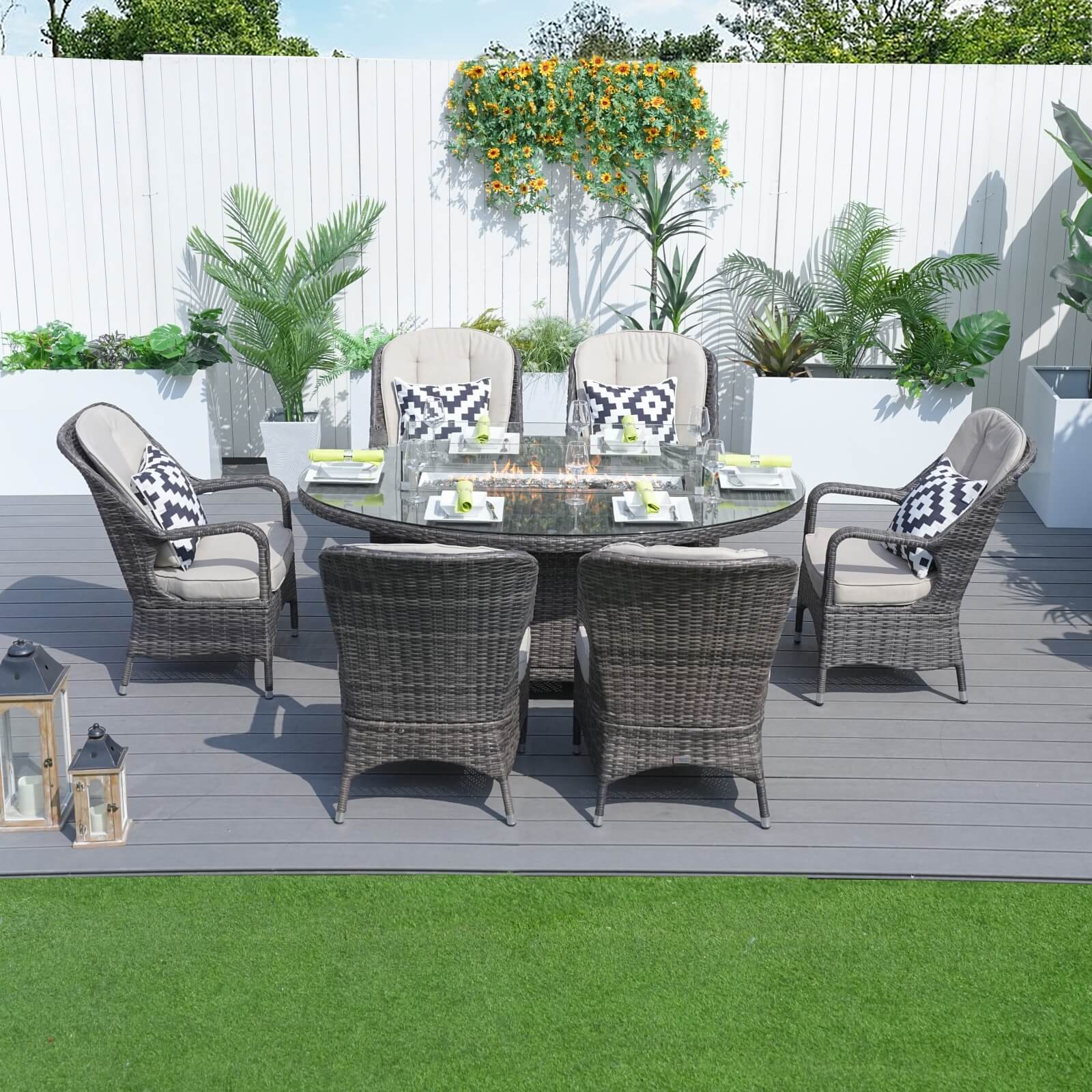 6-Seat Brown Outdoor Fire Pit Dining Set with Oval Gas Fire Pit Table(PAG-1106O-SET)