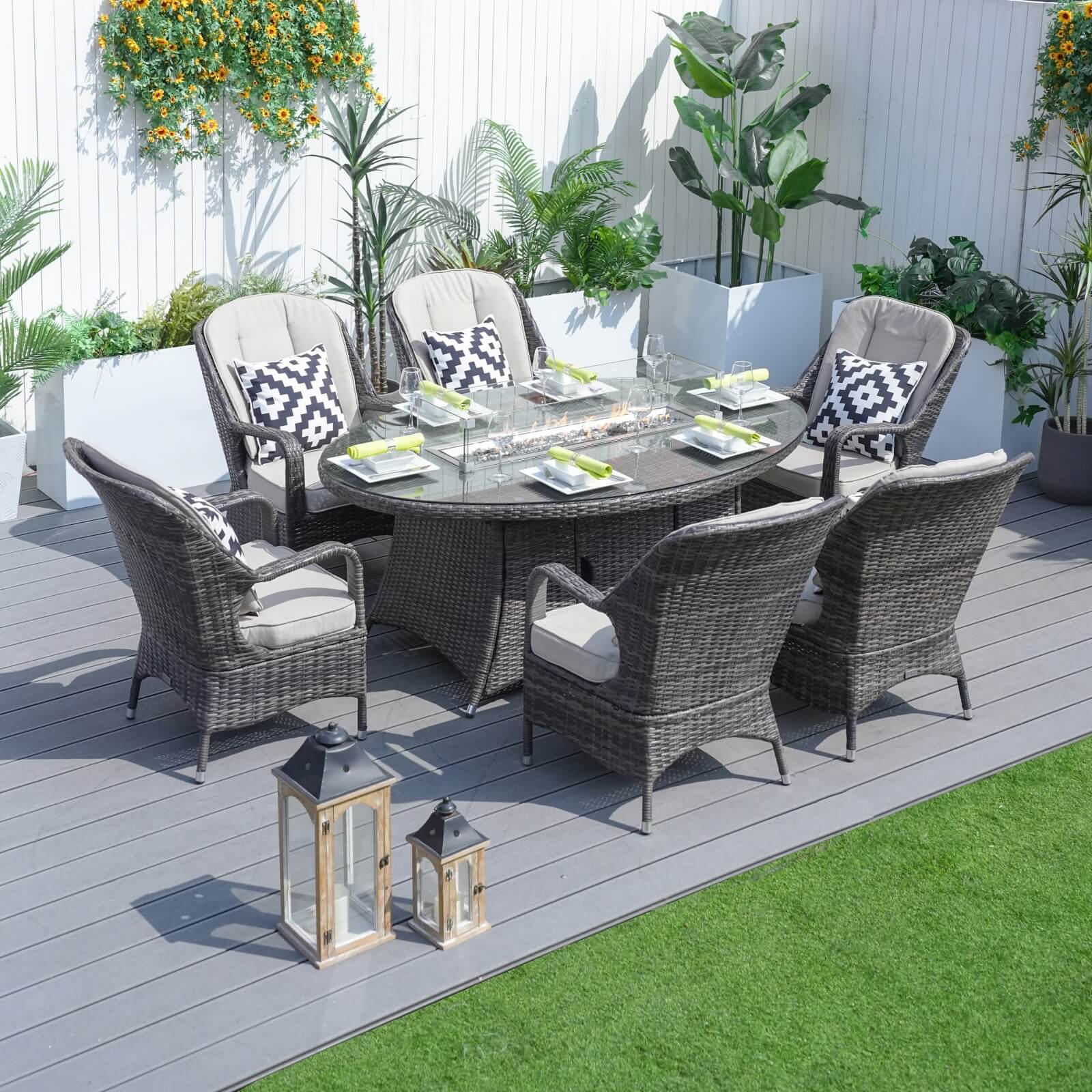 6-Seat Brown Outdoor Fire Pit Dining Set with Oval Gas Fire Pit Table(PAG-1106O-SET)
