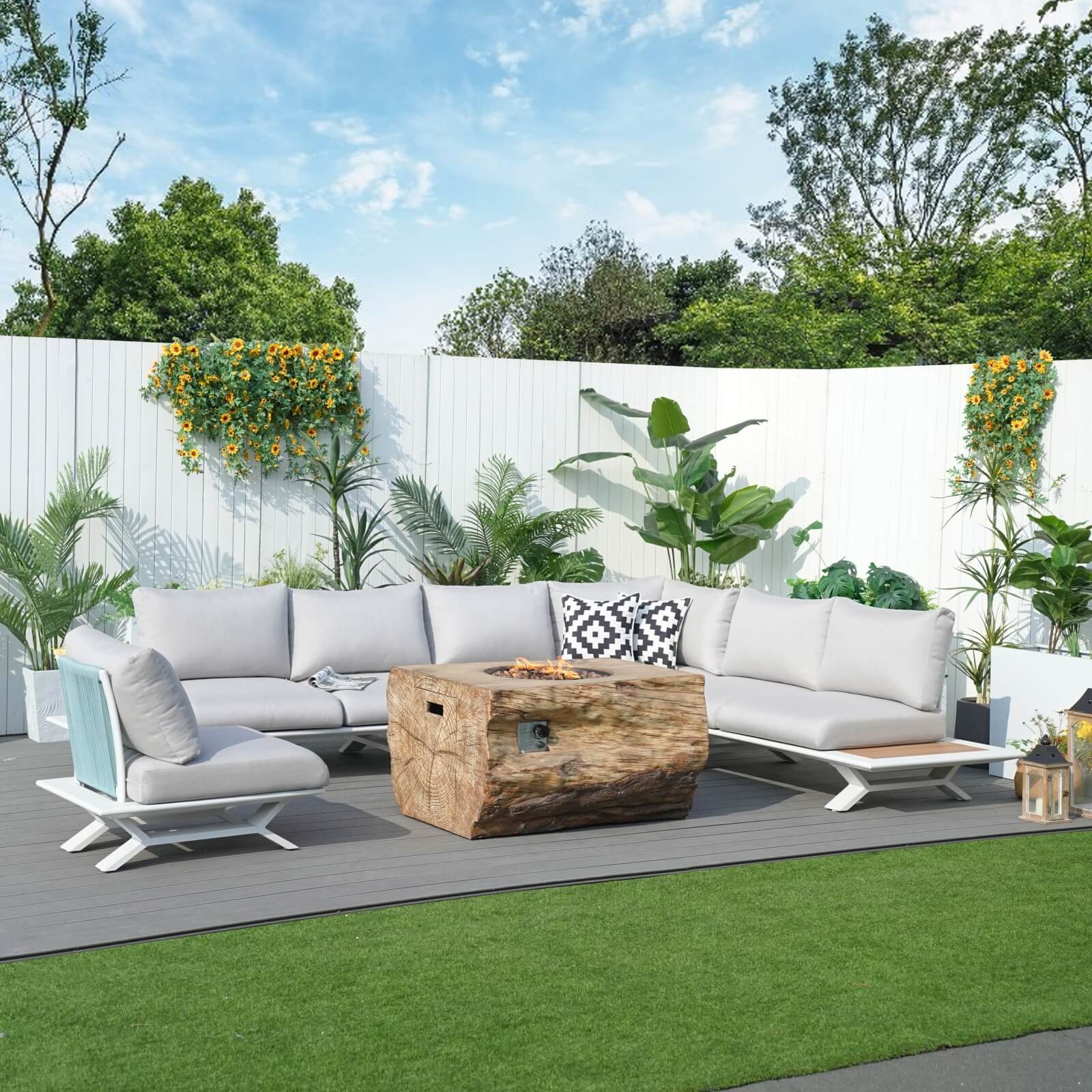 6 Seat Corner Sofa Set with TerraFlame Fire Pit Table(PAS-2323-WH+2170-BR)