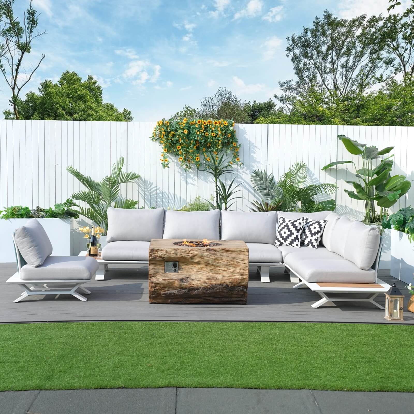 6 Seat Corner Sofa Set with TerraFlame Fire Pit Table(PAS-2323-WH+2170-BR)