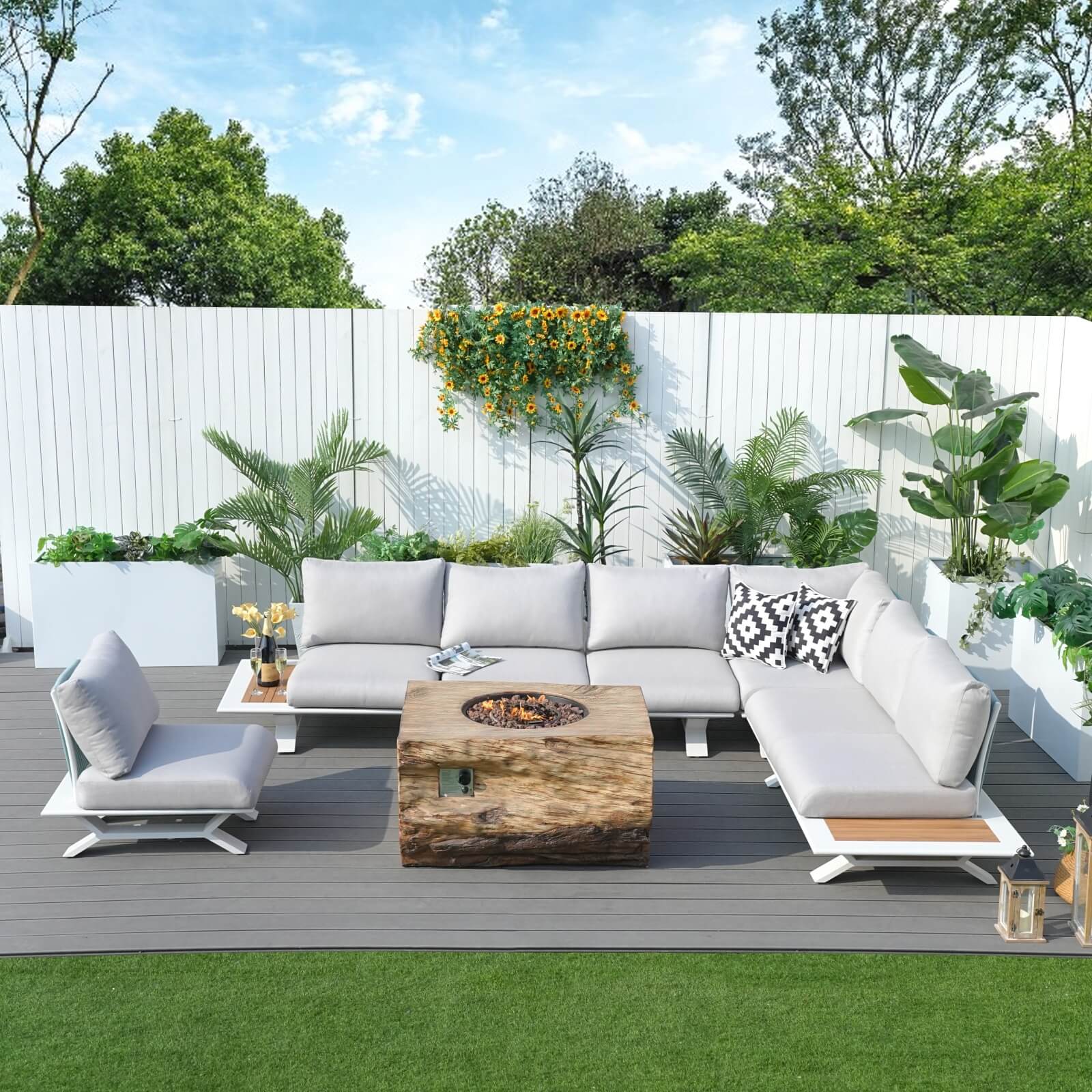 6 Seat Corner Sofa Set with TerraFlame Fire Pit Table(PAS-2323-WH+2170-BR)