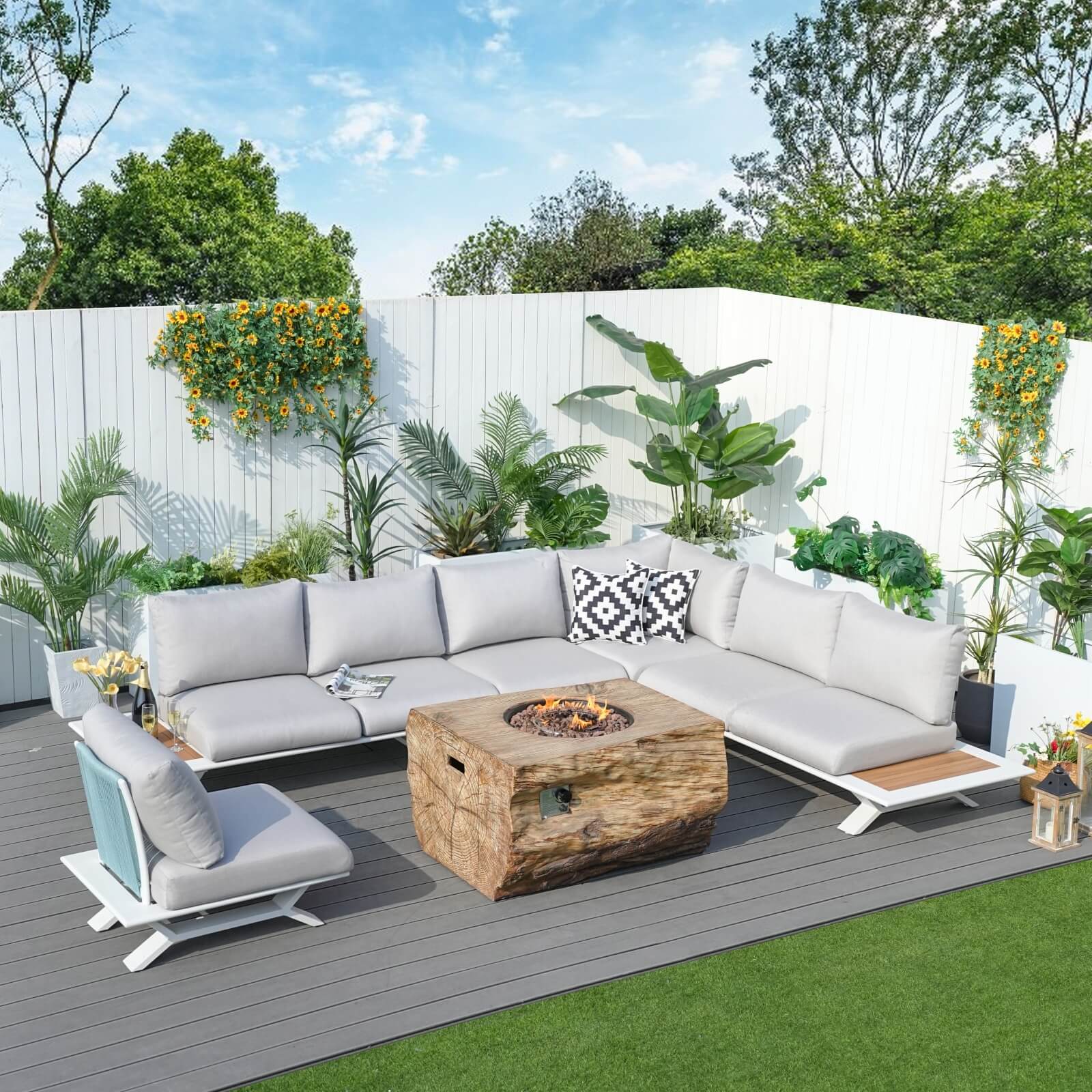 6 Seat Corner Sofa Set with TerraFlame Fire Pit Table(PAS-2323-WH+2170-BR)