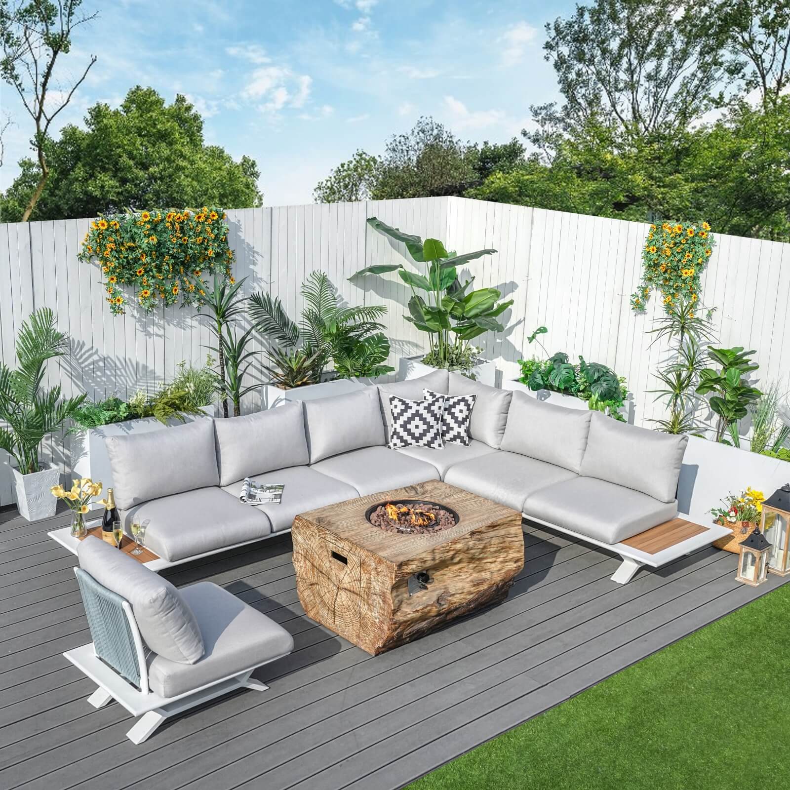 6 Seat Corner Sofa Set with TerraFlame Fire Pit Table(PAS-2323-WH+2170-BR)