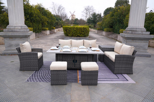Abrihome 7-Piece Patio Wicker Dining Sofa Set with Aluminum Fire Pit Table (PAS-1403B+1106RA)