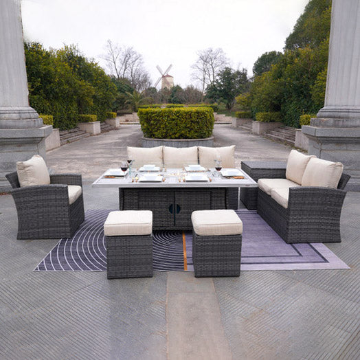 Abrihome 7-Piece Patio Wicker Dining Sofa Set with Aluminum Fire Pit Table (PAS-1403B+1106RA)
