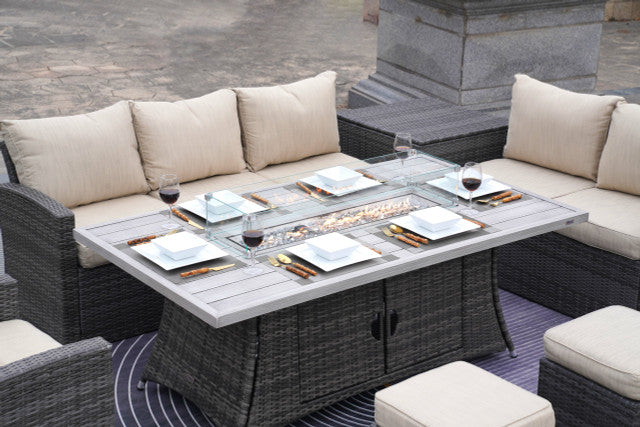 Abrihome 7-Piece Patio Wicker Dining Sofa Set with Aluminum Fire Pit Table (PAS-1403B+1106RA)