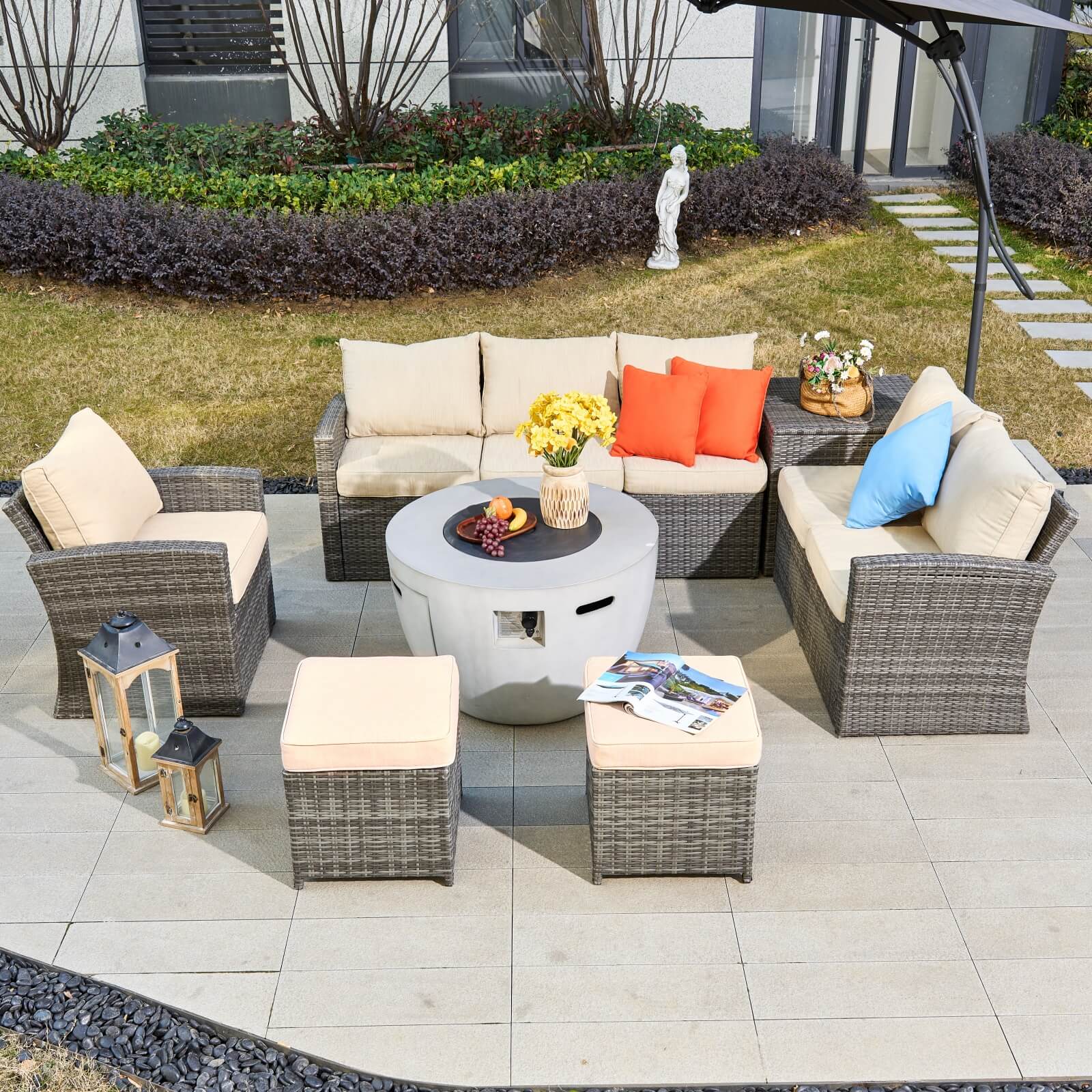 7-Piece Outdoor Conversation Set with Round Fire Pit Table(PAS-1403B+2160)