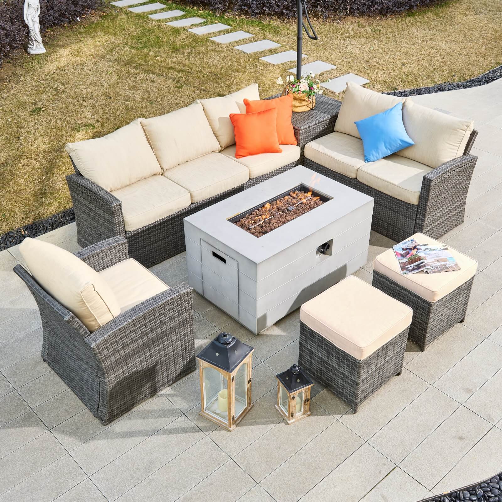 7-Piece Outdoor Conversation Set with Rectangular Fire Pit Table (PAS-1403B+2150)