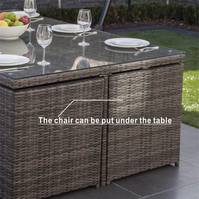 A 10-piece outdoor 2024 furniture set made of wicker, including a dining table and stools, which can be freely combined to suit family gatherings