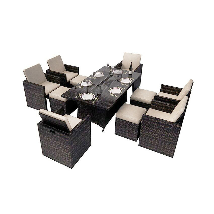 Abrihome Dark Brown Wicker 11-piece Outdoor Gas Fire Pit Dining Set (PAG-1106R+3234)