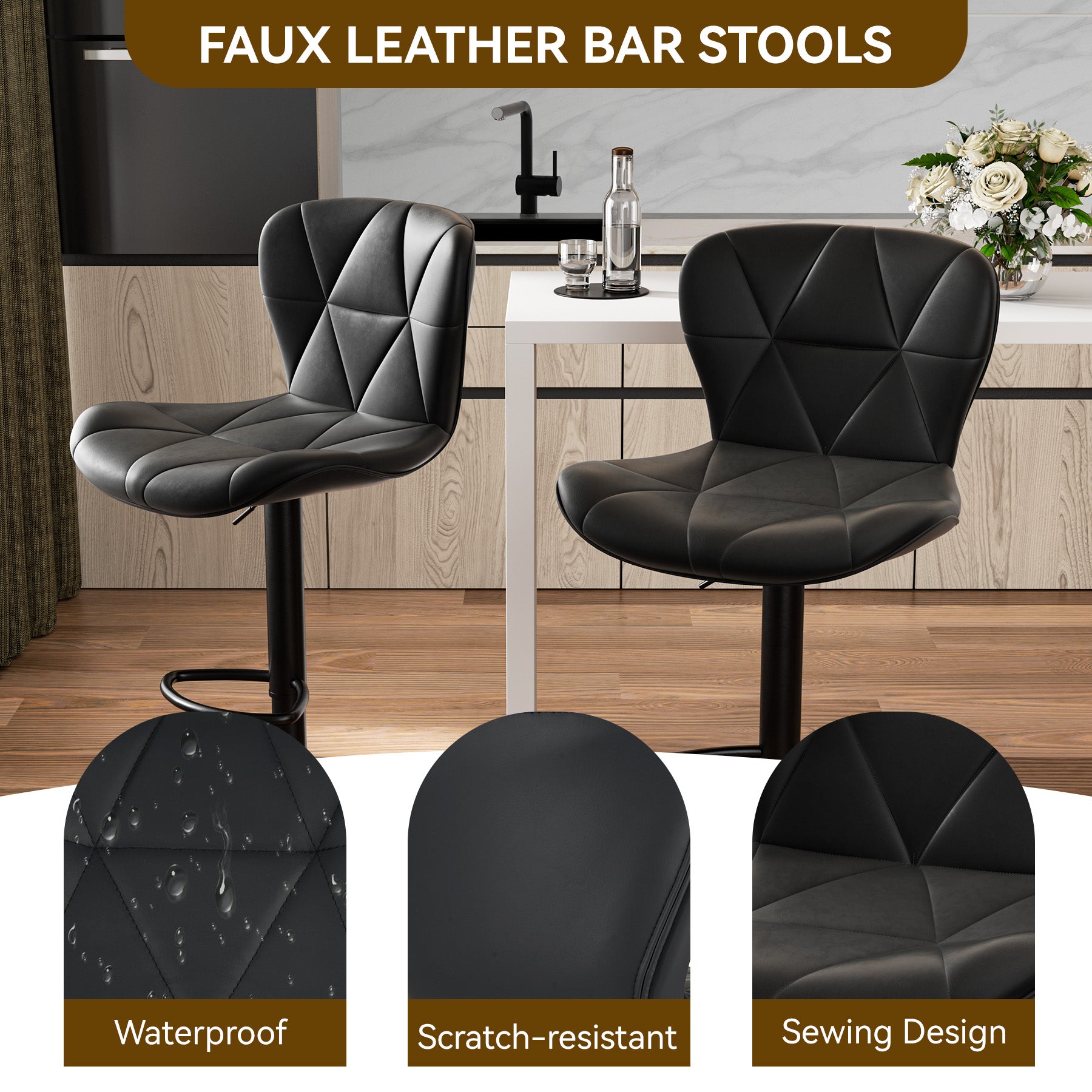 Multi-Color Bar Stool – Waterproof, Scratch-Resistant Material, Sewing Design, Adjustable Height, 300 lbs Capacity
