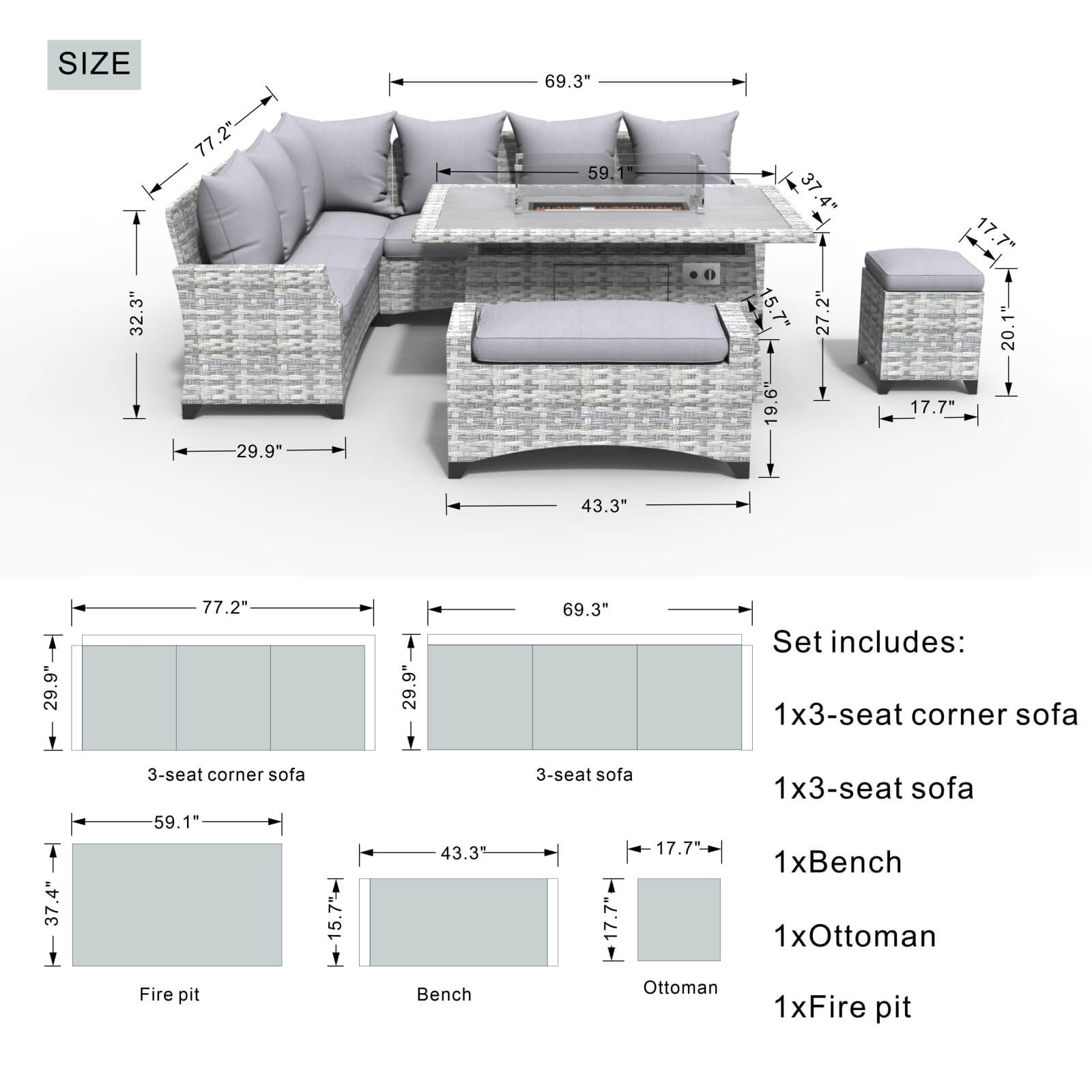 5-Piece Outdoor Lounge Set with Fire Pit Table (PAF-2001)