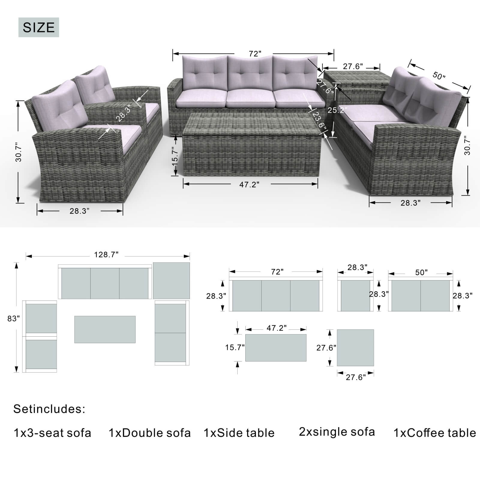 7-Seat Patio Sofa Set with Built-in Storage Boxes (PAS-1503-SET)
