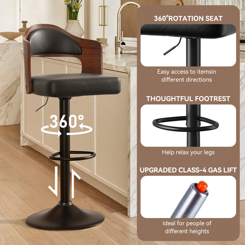 Stylish Black Bar Stool with Waterproof Cushion, Solid Wood Backrest, 360° Swivel, Adjustable Height, 350 lbs Capacity – Comfortable and Durable