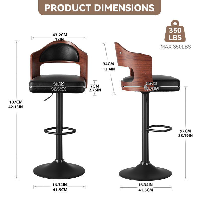 Stylish Black Bar Stool with Waterproof Cushion, Solid Wood Backrest, 360° Swivel, Adjustable Height, 350 lbs Capacity – Comfortable and Durable