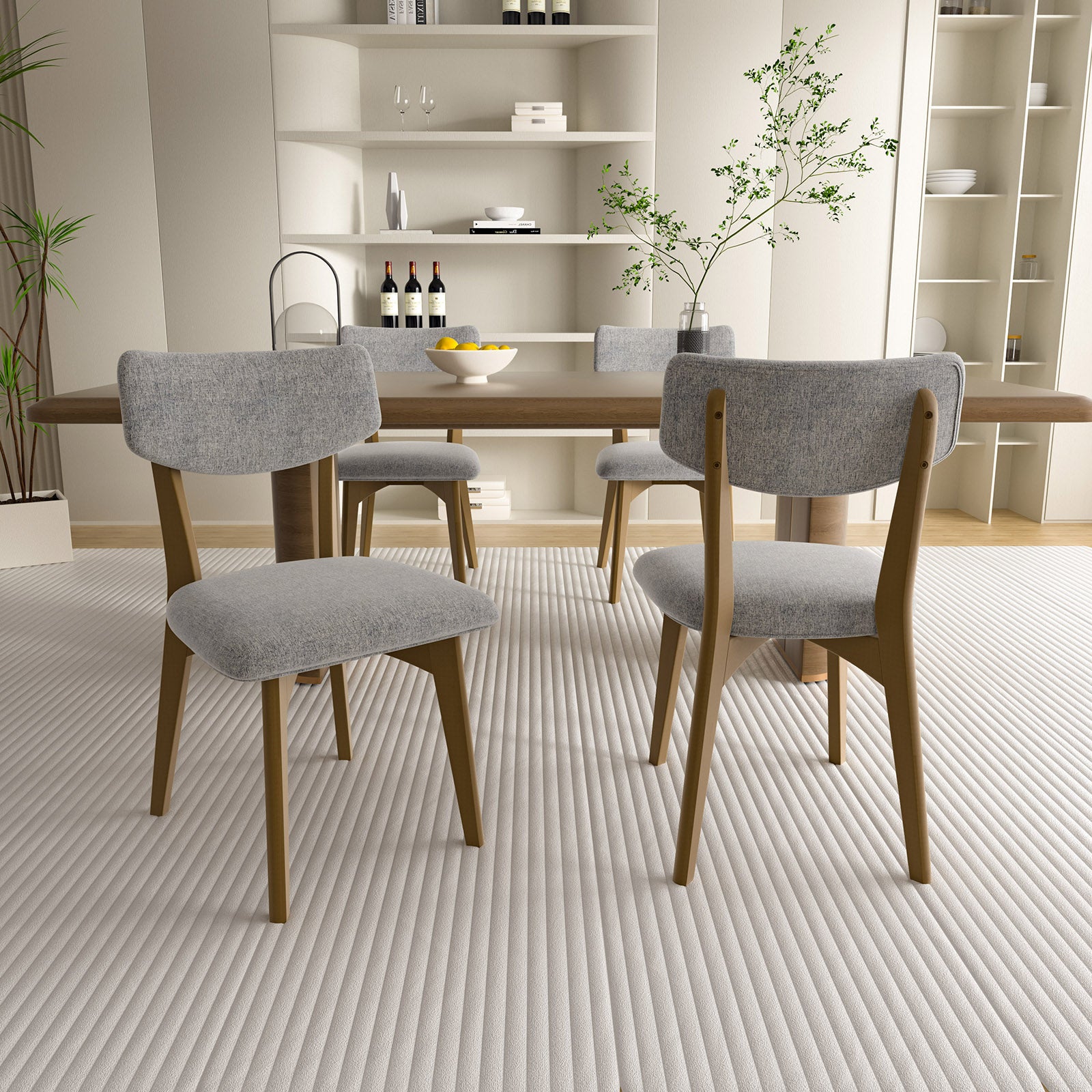 Stylish and Comfortable Dining Chair – Brown, Dark Gray, Light Gray, Thickened Linen Cushion, Rubber Wood Frame, Curved Backrest