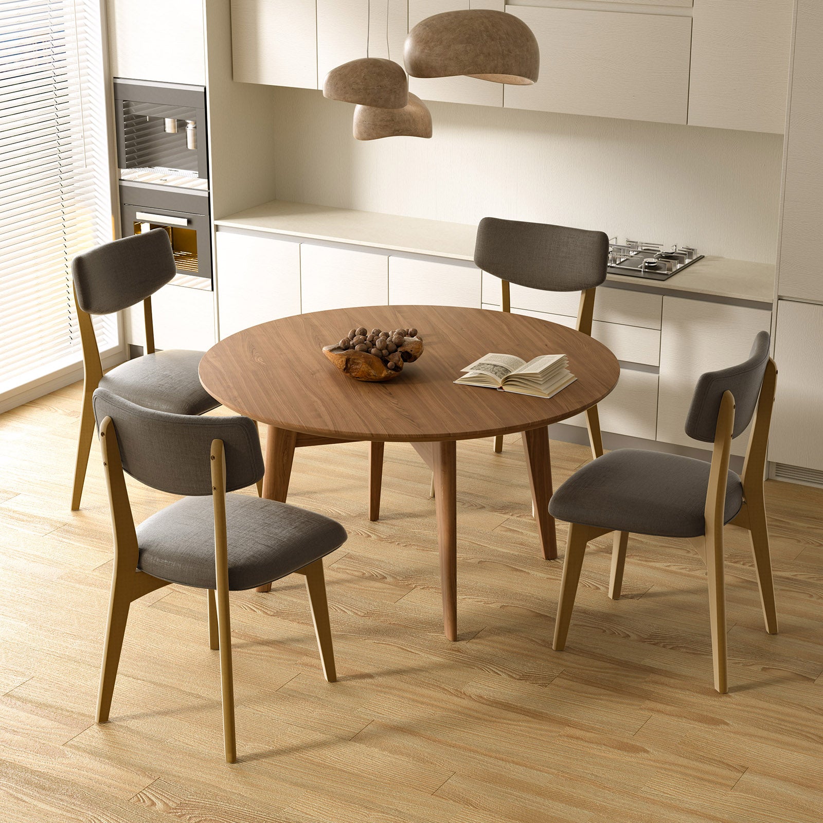 Stylish and Comfortable Dining Chair – Brown, Dark Gray, Light Gray, Thickened Linen Cushion, Rubber Wood Frame, Curved Backrest