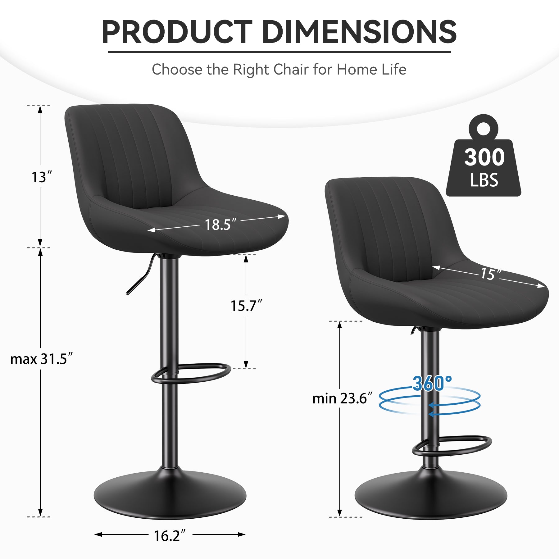 Waterproof Adjustable Bar Stool - 360° Swivel, Height Adjustable from 23.6'' to 31.5'', Available in Multiple Colors, Supports up to 300 lbs, Premium Materials