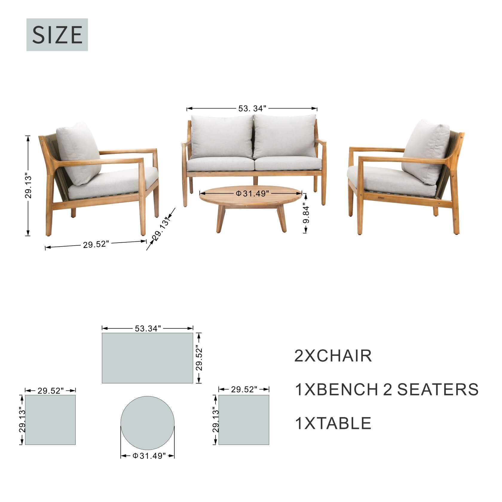 4-Piece Rustic Acacia Wood Patio Set – Loveseat, Chairs & Coffee Table(PAS-2513-2SC+SC*2+TA)