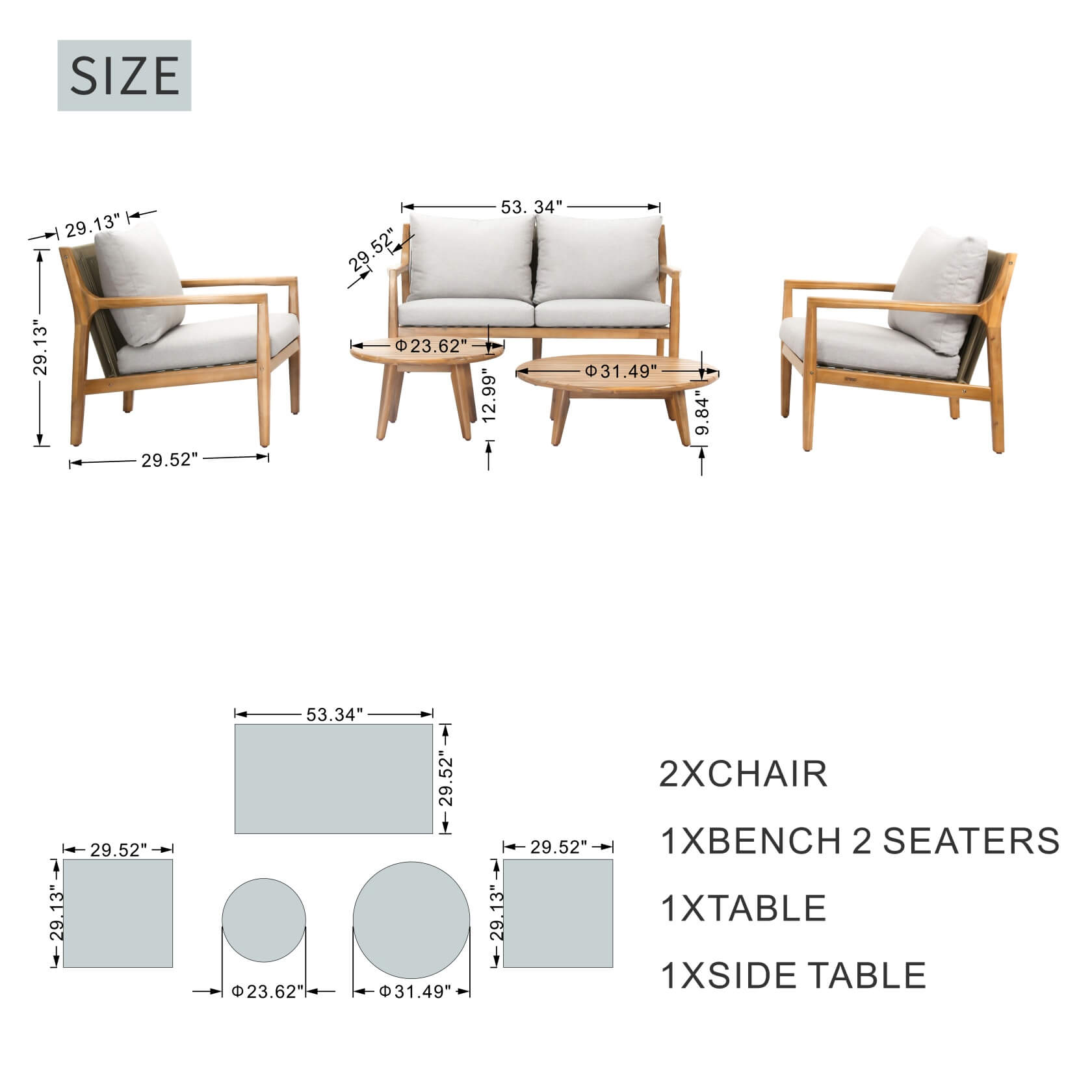 5-Piece Solid Acacia Wood Outdoor Sofa Set(PAS-2513-2SC+SC*2+TA+ST)