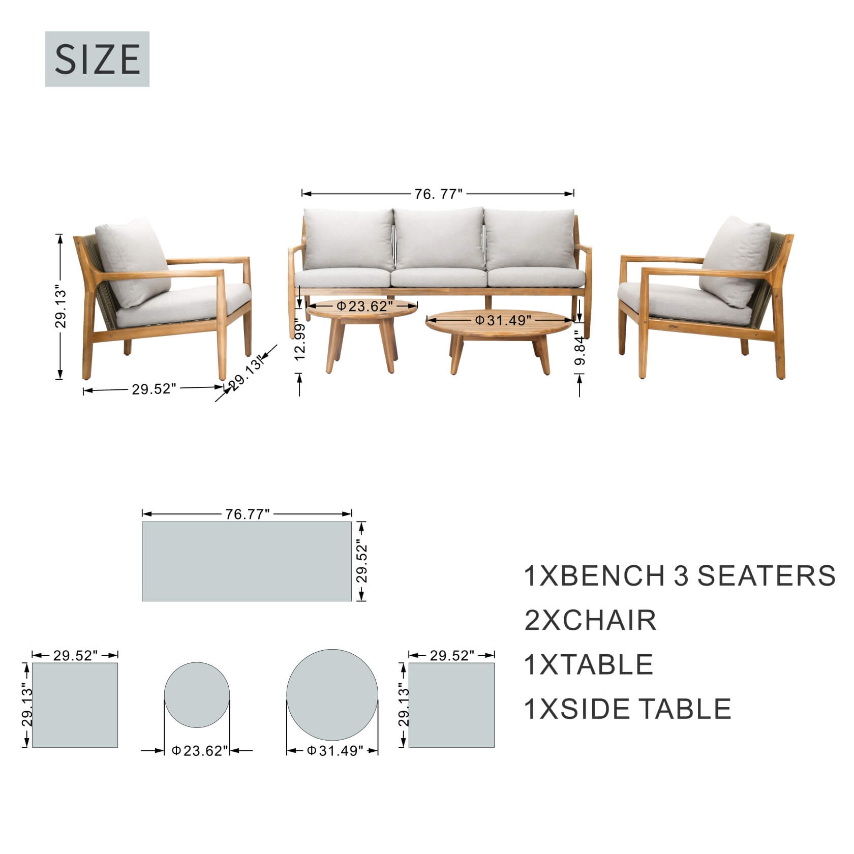 5-Piece Acacia Patio Set – Sofa & Table for Outdoor Gatherings(PAS-2513-3SC+SC*2+TA+ST)