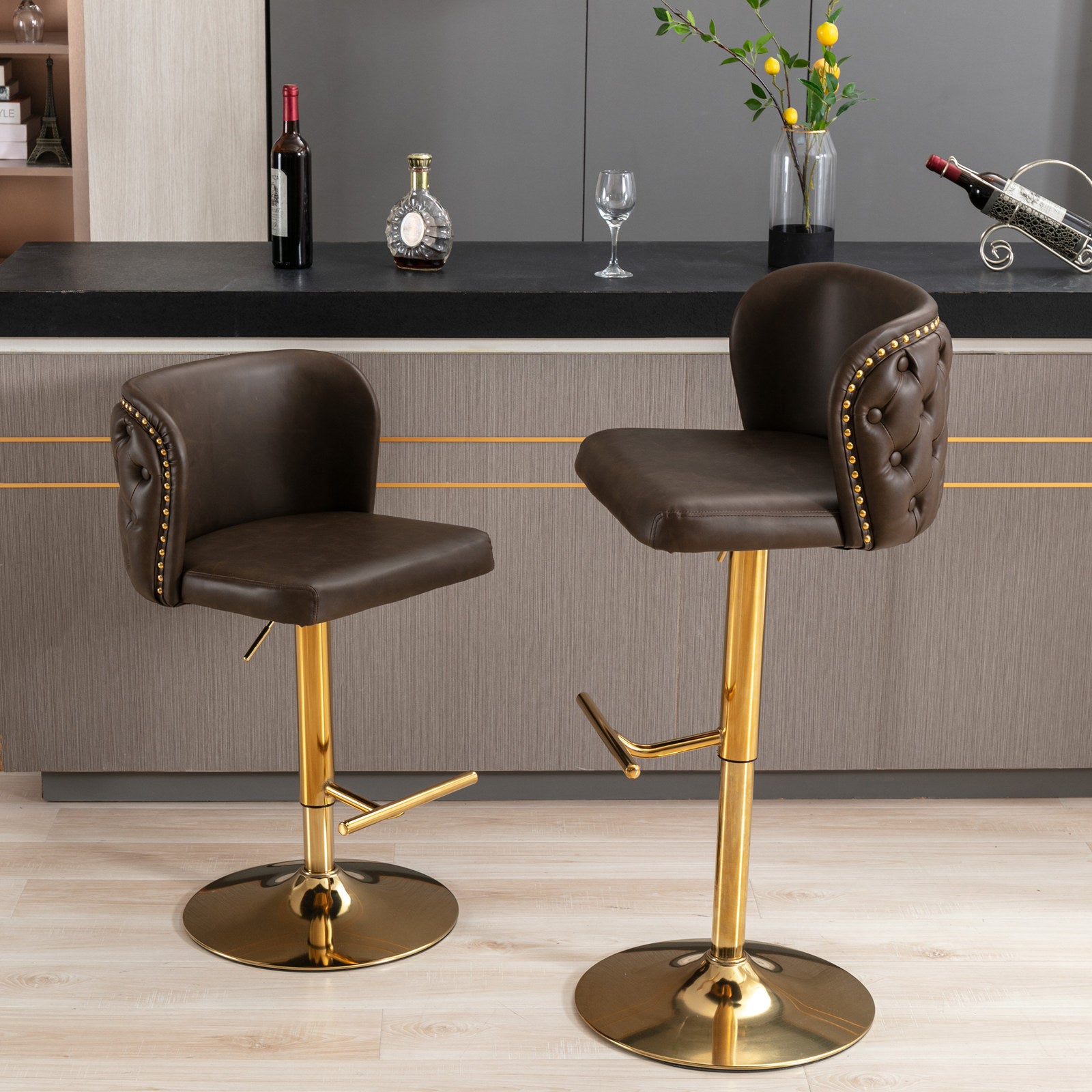 A&A Furniture,Swivel Barstools Adjusatble Seat Height, Modern PU Upholstered Bar Stools with  the whole Back Tufted, for Home Pub and Kitchen Island（Brown, Set of 2）