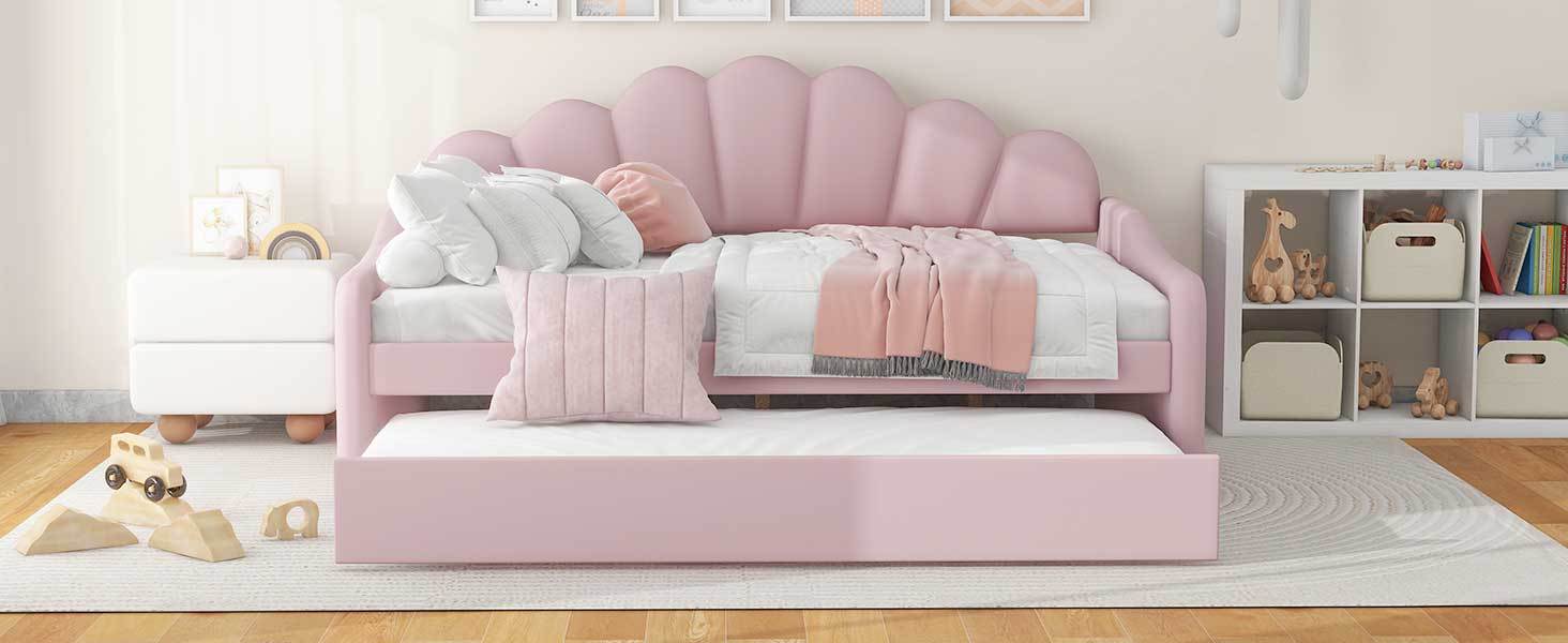 Full Size Upholstery Daybed Frame with Shall Shaped Backrest  and Trundle,Pink
