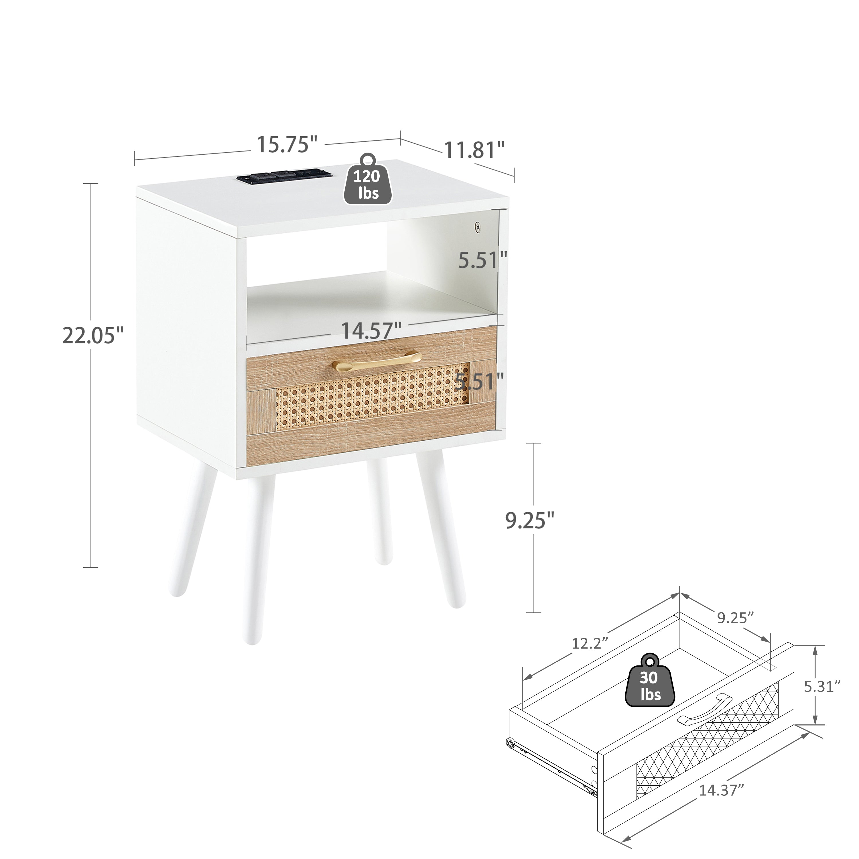 15.75" Rattan End table with Power Outlet  & USB Ports , Modern nightstand with drawer and solid wood legs, side table for living room, bedroom, white
