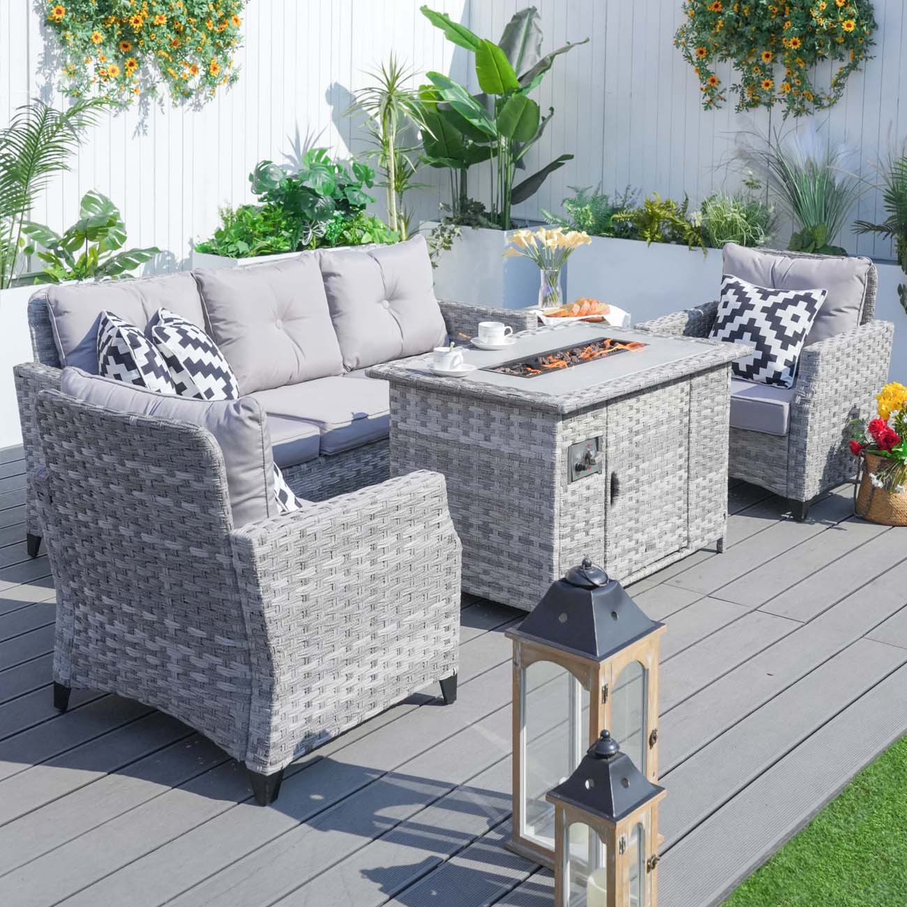 Abrihome Garden Rattan Wicker Out Furniture Patio Convention Sofa Set With Fire Pit Coffee Table Sale (PAF-1802)